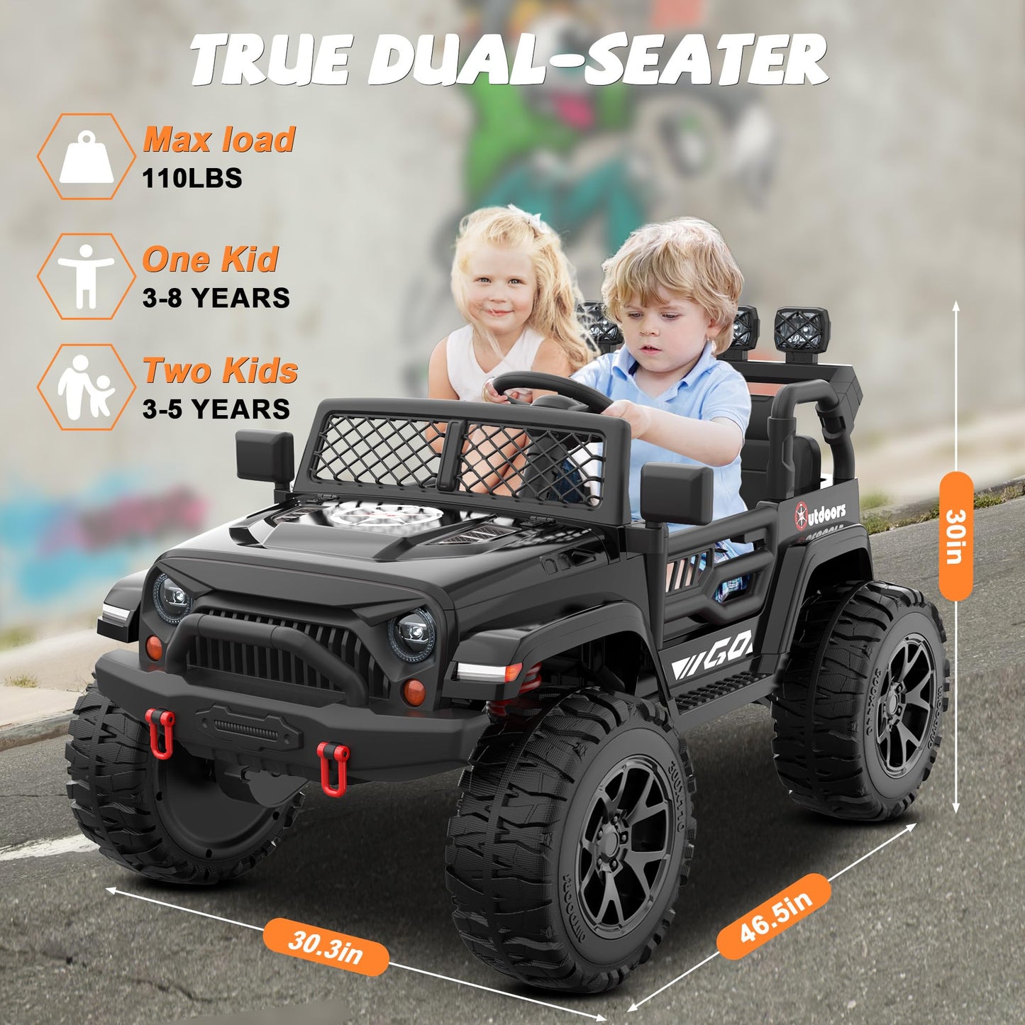 ANPABO 24V 2 Seater Ride on Toy Truck w/EVA Tires, 4X200W Motors, 4 Shock Absorbers, 2.4G Remote Control, Bluetooth Radio, LED H