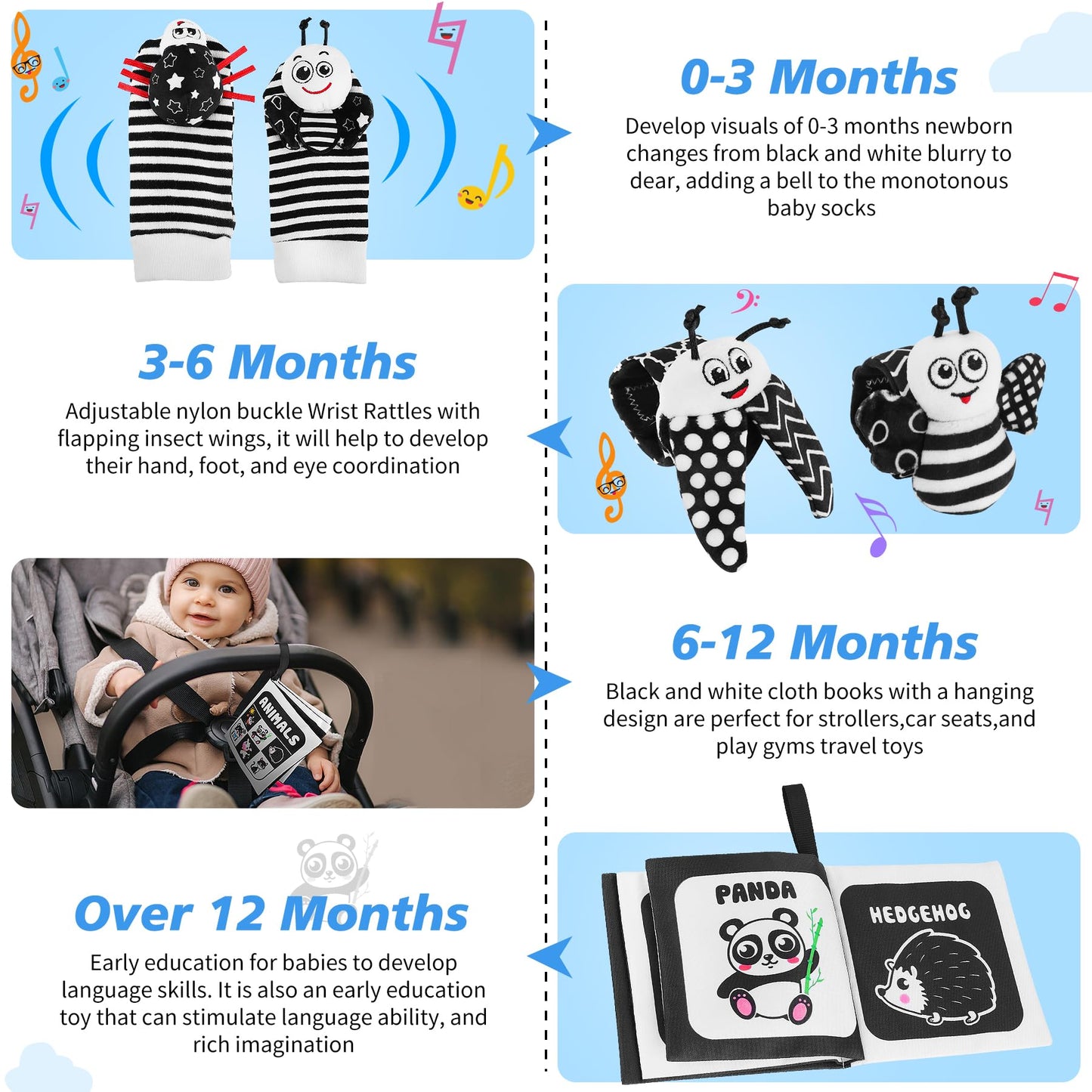 Zendstanding Baby Toys 0-6 Months, 4Pcs Foot Finders & Wrist Rattles For Infants Toys Black And White Sensory Toys Baby Essentia