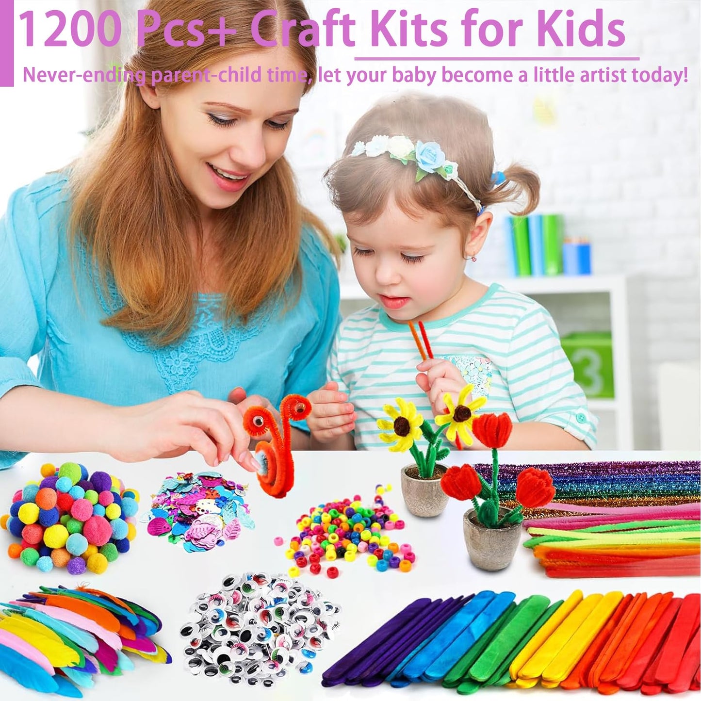 FUNZBO 1200pcs+ Arts & Crafts Supplies for Kids- Craft Kits with Pipe Cleaners, Pom Poms for Crafts, Popsicle Sticks for Craft,
