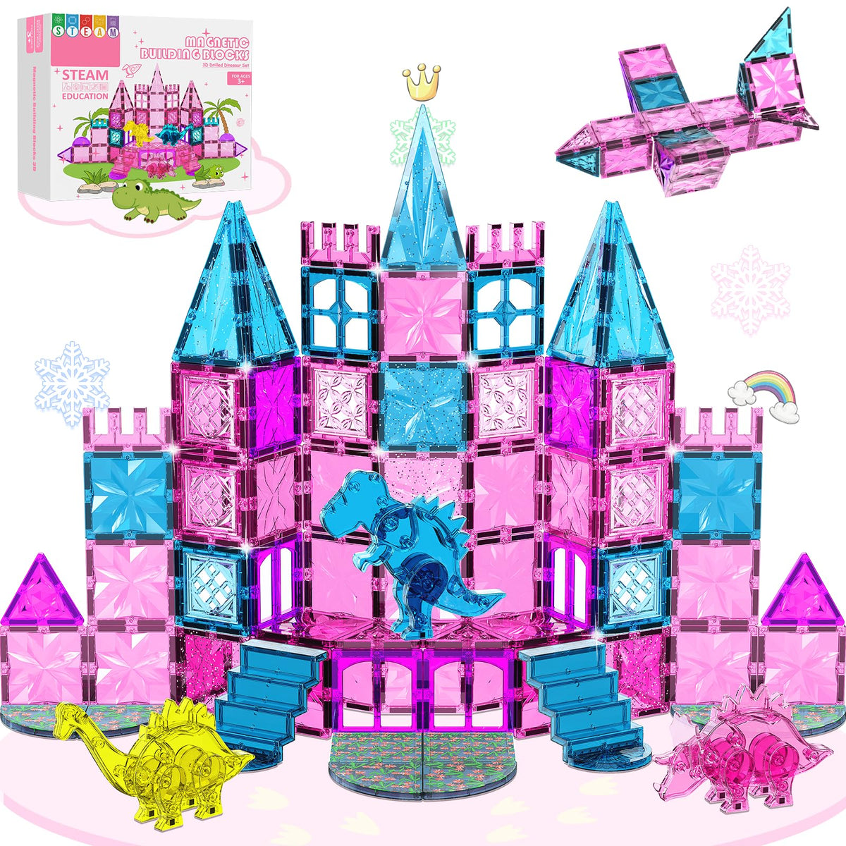 Dinosaur Toys Magnetic Tiles, Sensory Dino Building Blocks Set for Girls