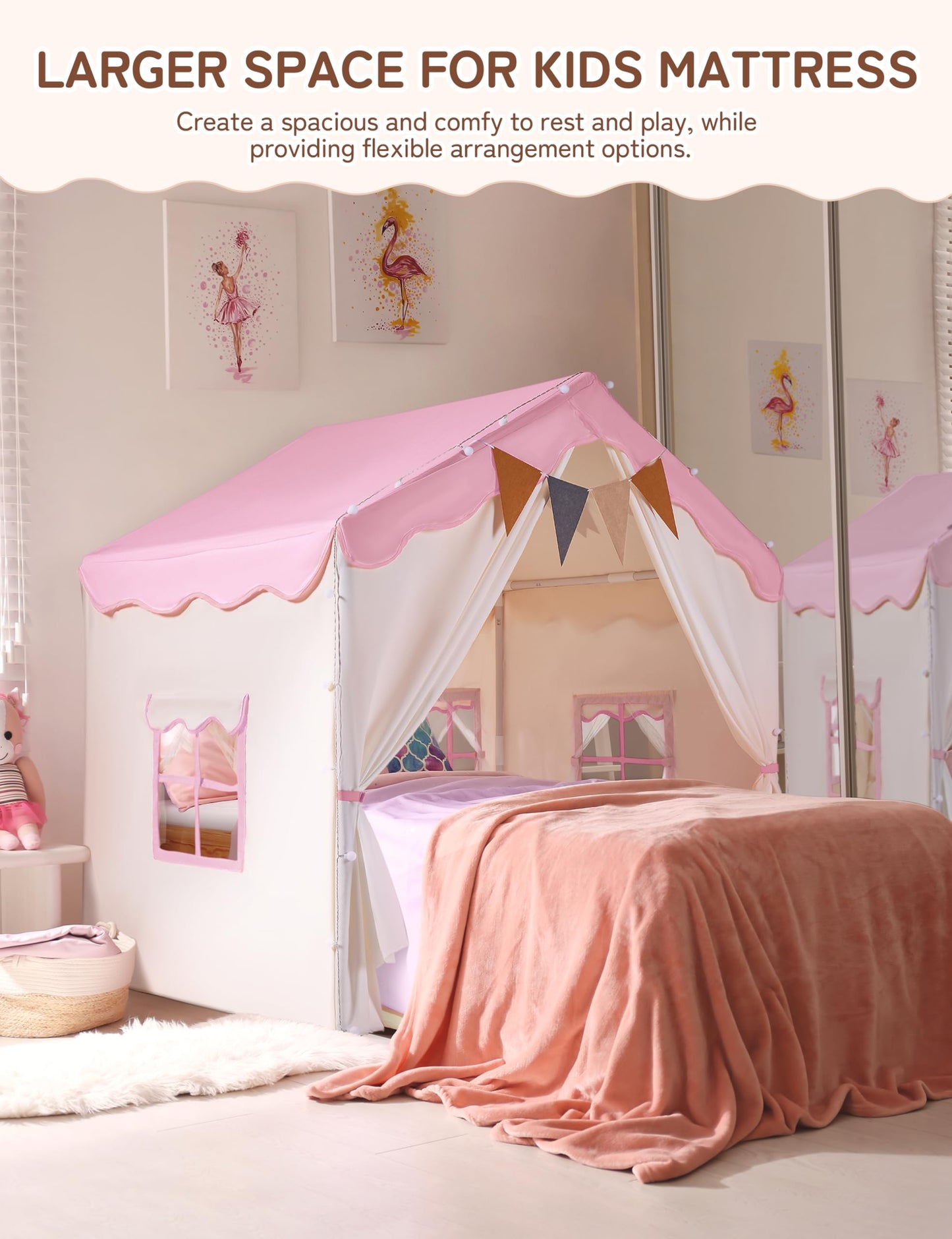 Besrey Kids Play Tent, Kids Playhouse 2 In 1 With Padded Mat And Lights, Large Play Tent With 2 Doors & 4 Windows, Kids Play Tent Indoor & Outdoor, Christmas Toddler Tent For Kids, 51' X35' X 51'