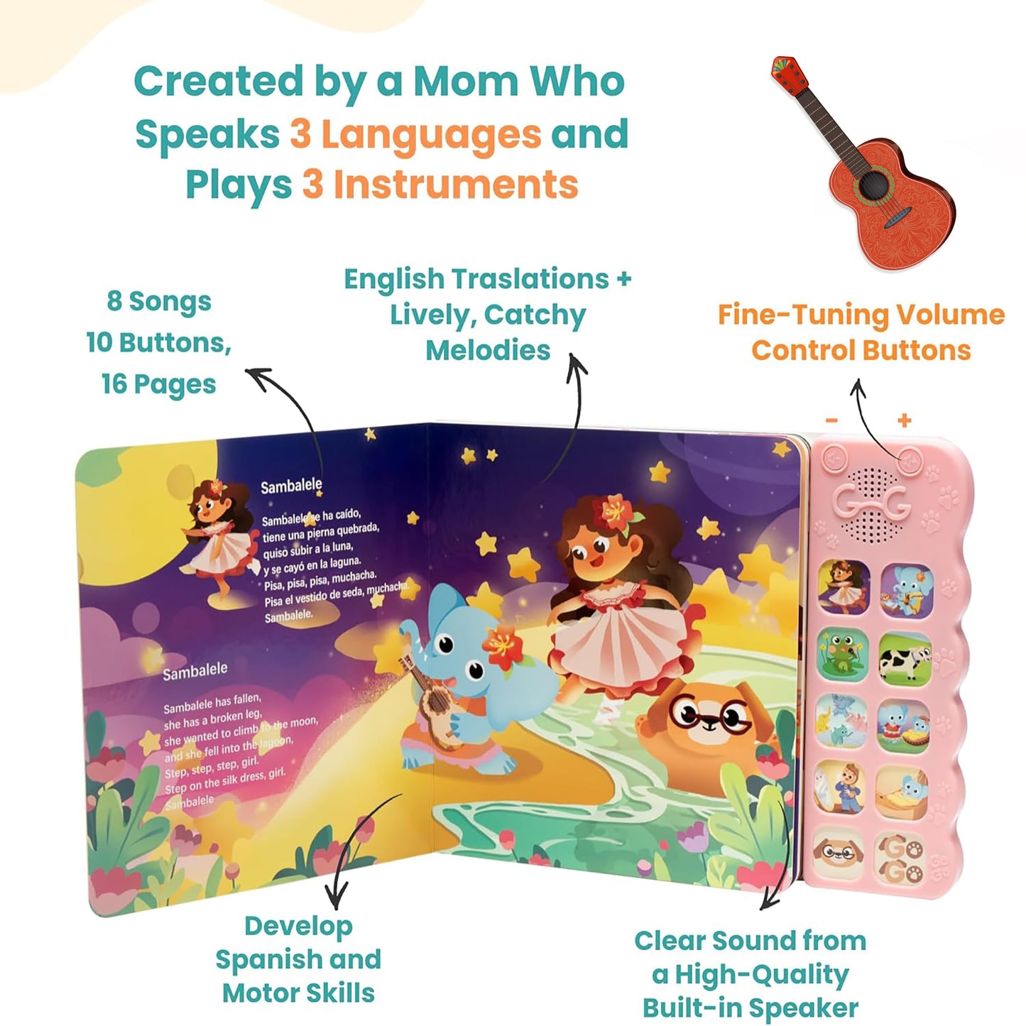 Go Go Spanish Musical Book Vol. 1: 8 Songs, Bilingual Spanish & English Learning Toy, Libros En Espaol Para Nios, Spanish Nurser