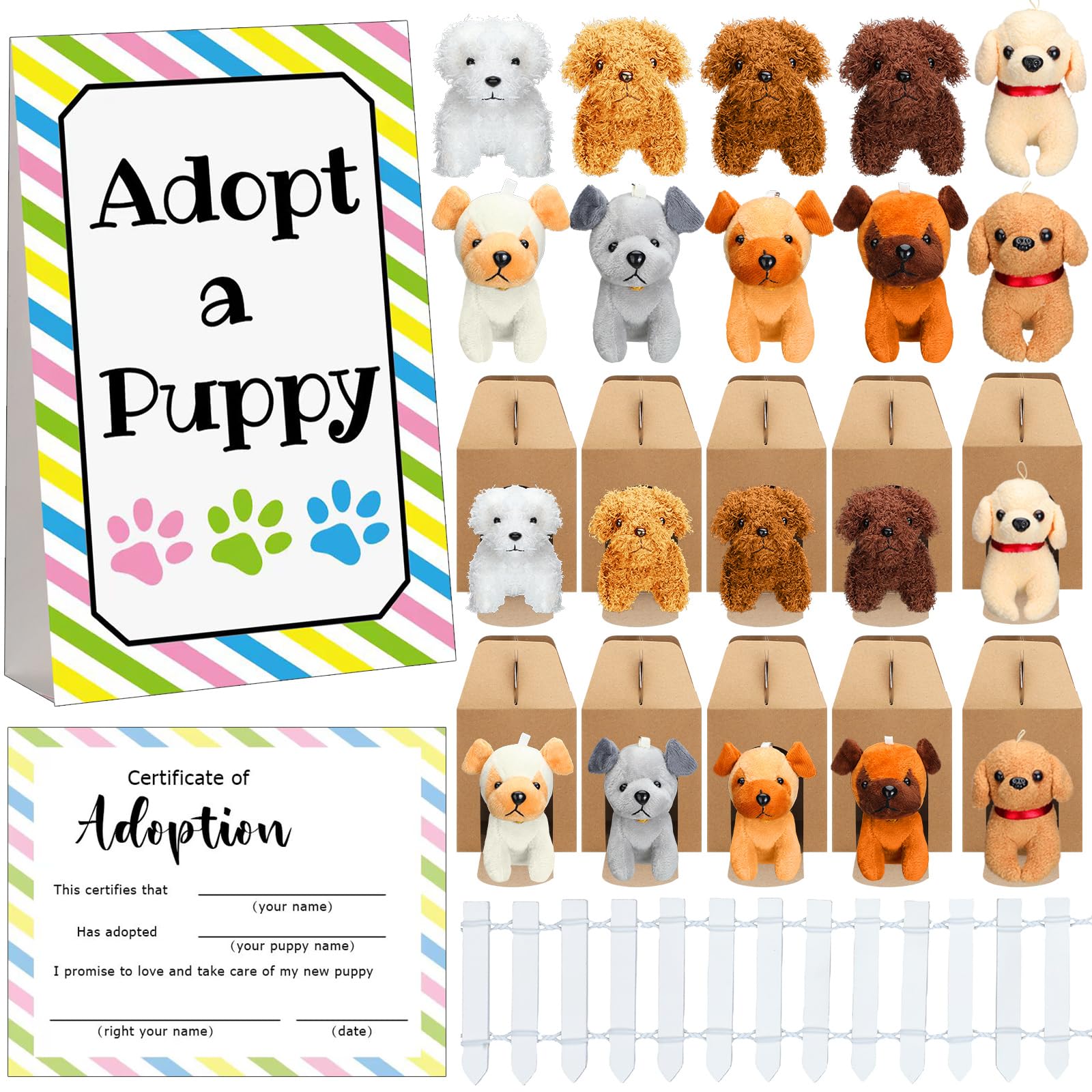 Blueweenly 20 Set Adopt A Puppy Favors 20 Small Stuffed Puppy Plush Dogs Bulk With 20 Kraft Paper Boxes 20 Adoption Cards 1 Whit