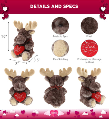 Dollibu I Love You Valentine Plush Brownish Sitting Moose - Cute Stuffed Animal With Red Heart And Name Personalization Gift For Valentines Day, Birthday, Anniversary, Romantic Date - 10 Inches