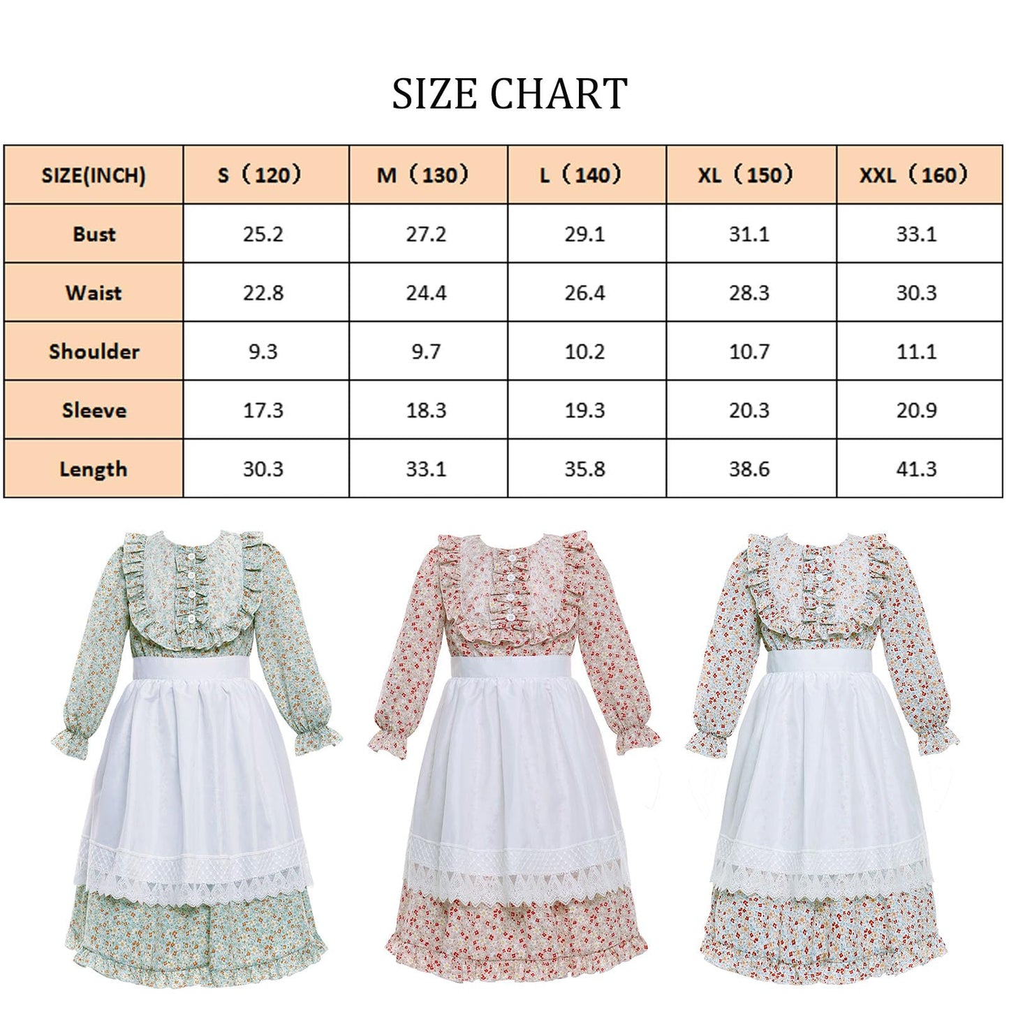 Vibsion Girls Pioneer Prairie Costume Pilgrim Dress Kids Floral Colonial Village Girl Costumes Bonnet Apron Set 3Pcs M