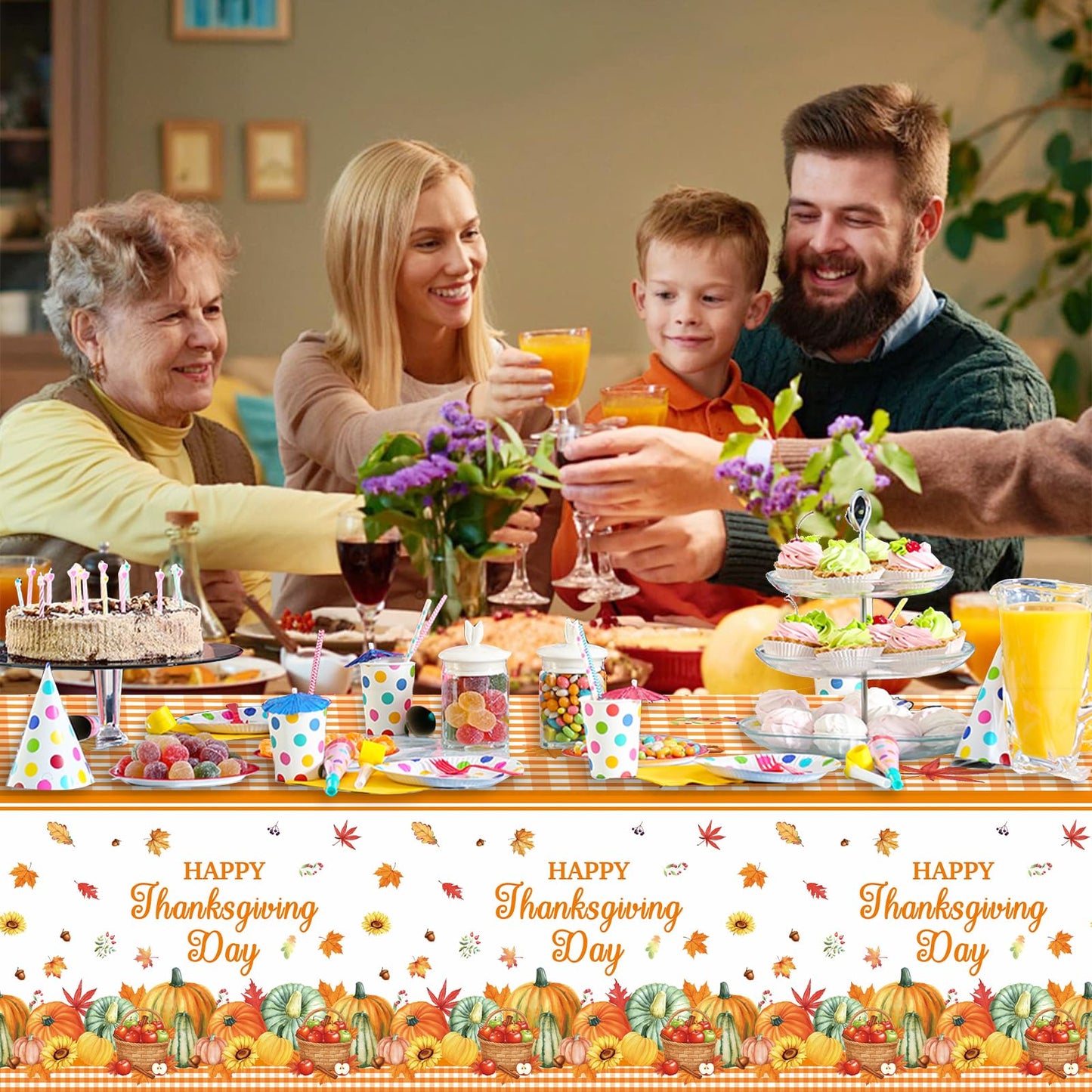 XueXiceili 3pcs Fall Tablecloth 54 X 108 in Inch Rectangular, Thanksgiving Autumn Harvest Pumpkin Mushroom Plaid Table Cover for