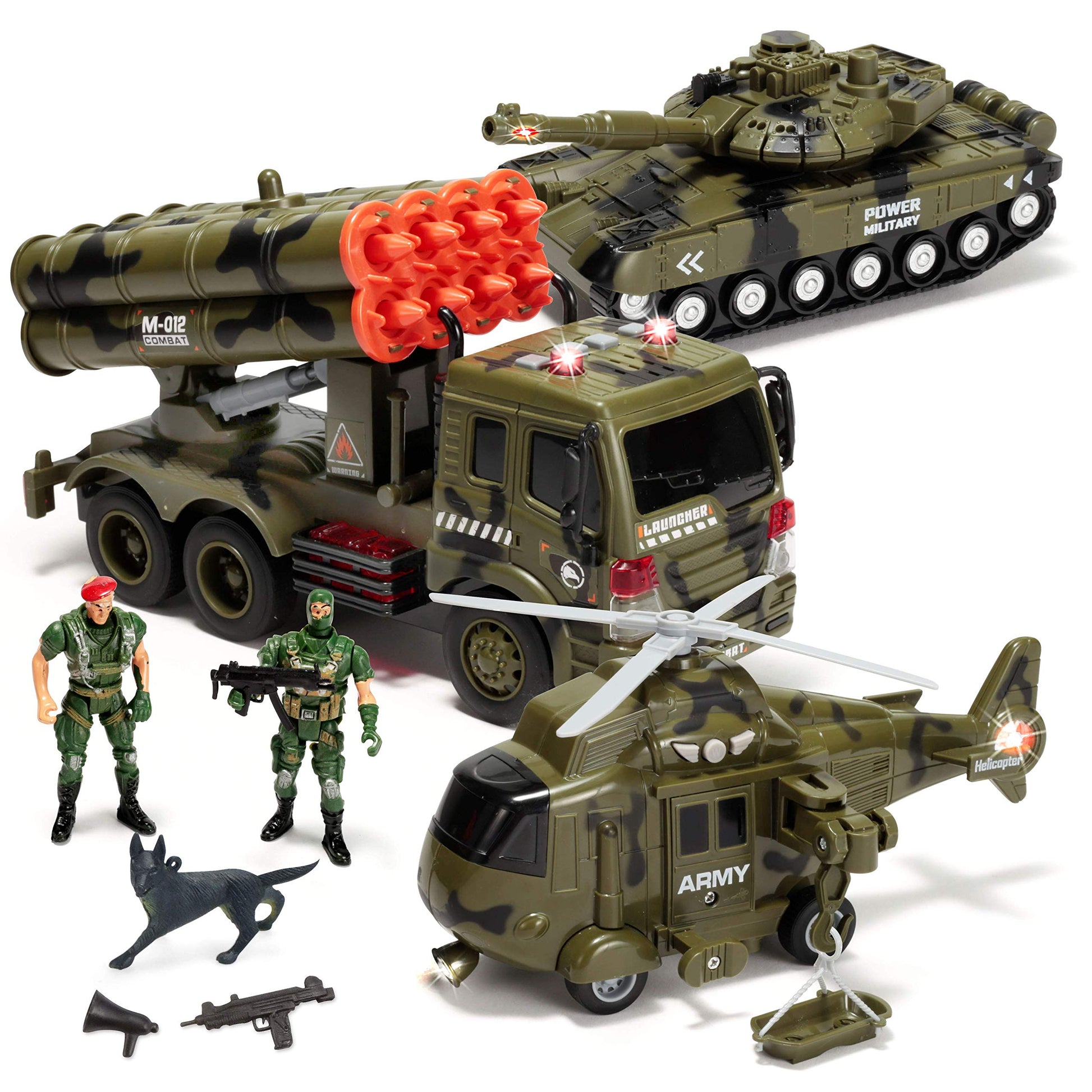Joyin 3 In 1 Friction Powered Siren Army Vehicle Toy With Action Figures - Military Truck, Helicopter And Tank Toy With Light And Sound Siren For Imaginative Play, For Kids