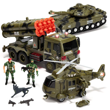Joyin 3 In 1 Friction Powered Siren Army Vehicle Toy With Action Figures - Military Truck, Helicopter And Tank Toy With Light And Sound Siren For Imaginative Play, For Kids
