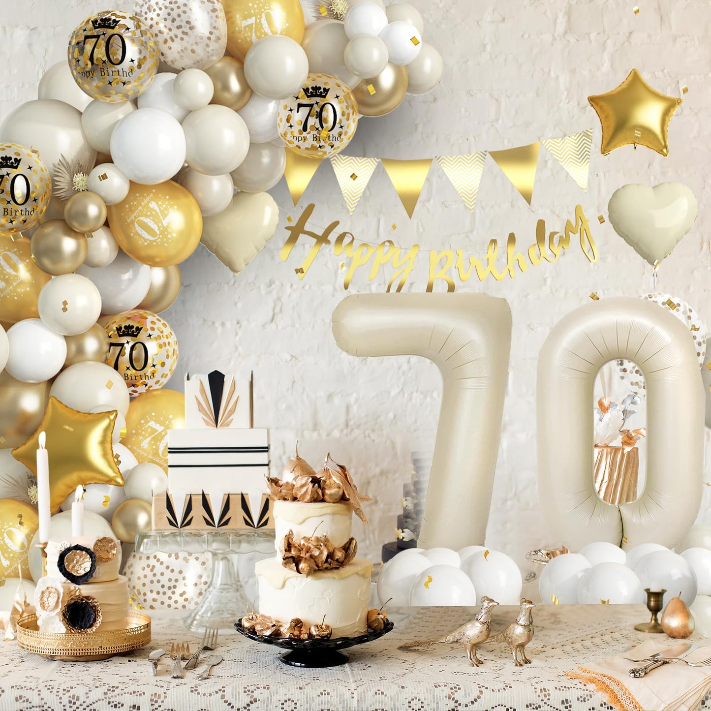 70Th Birthday Decorations Sand White Gold,70Th Birthday Balloon Arch Garland Kit With Happy 70Th Birthday Number 70 Foil Balloon