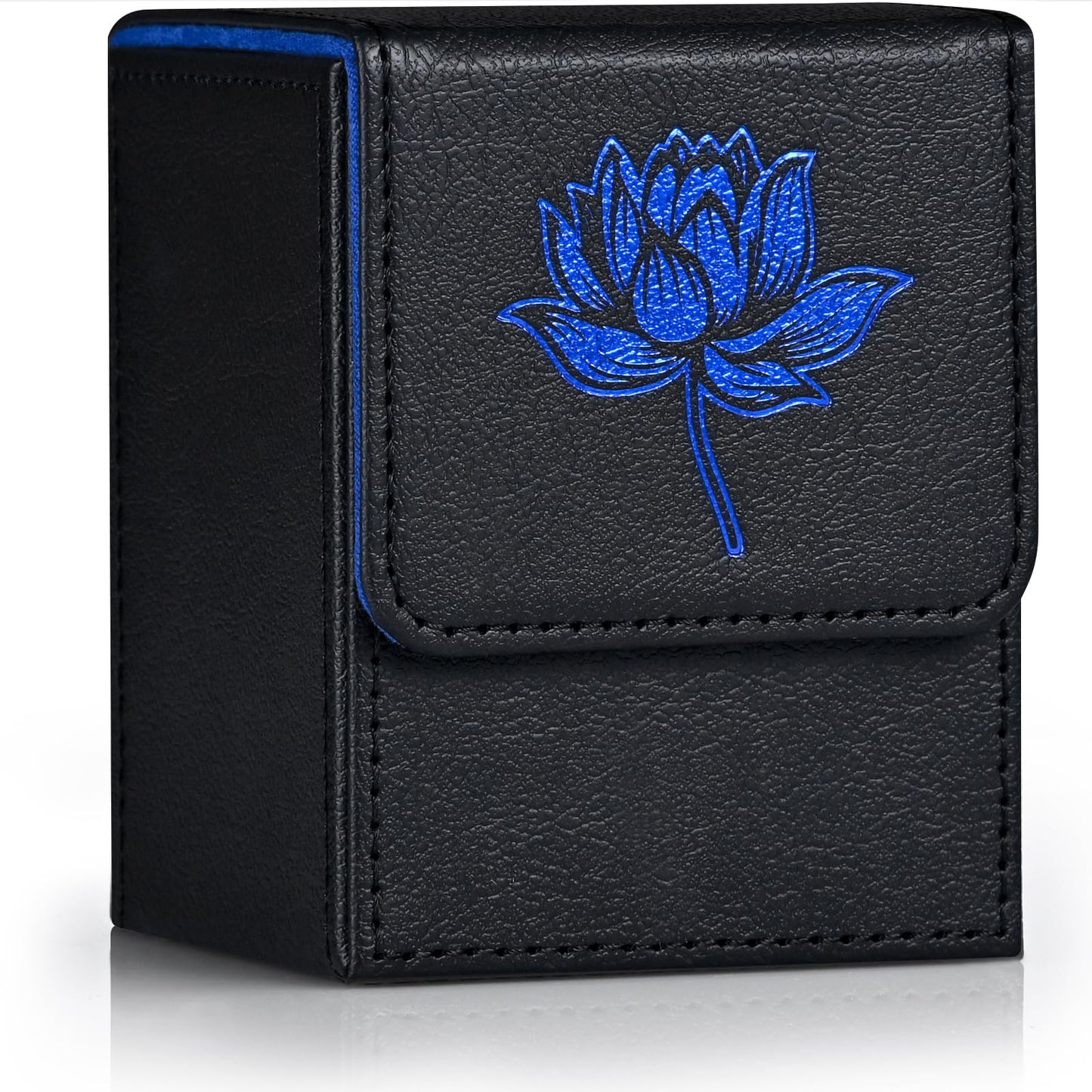 Zlca Card Deck Box For Mtg Cards With 2 Dividers, Card Storage Box Fits 100+ Single Sleeved Cards, Pu Leather Tcg Card Deck Case Holder For Magic Commander Yugioh (Black&Blue,Lotus)
