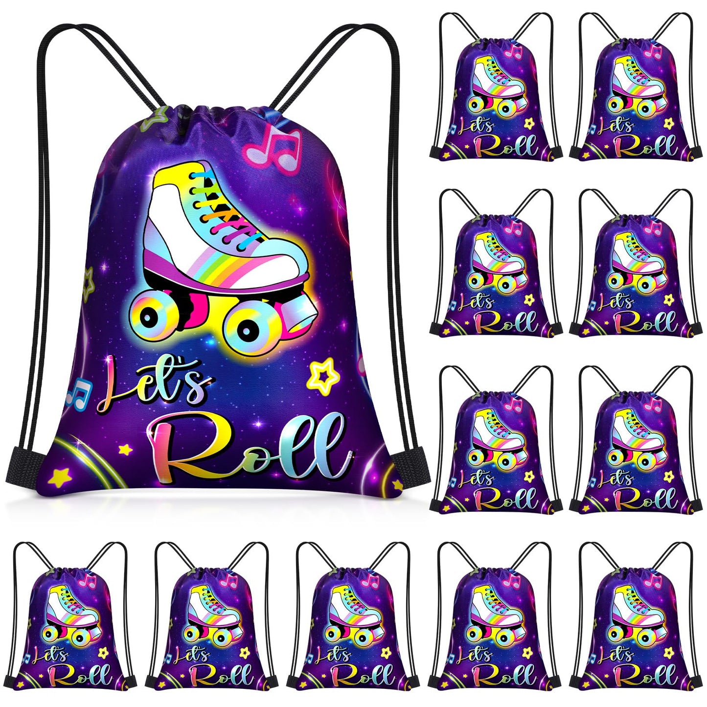 Censen 24 Pcs Roller Skate Party Favor Drawstring Bags Bulk 12 x 10 Inches Skating Goodie Treat Gift Bag for Girl Boy Birthday P