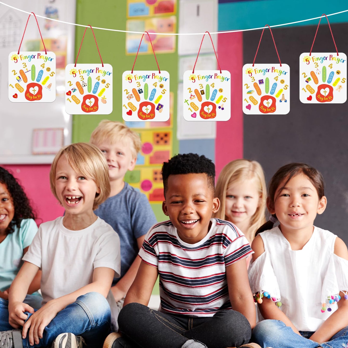 DoubleFill 24 Sets Religious Crafts Kit for Kids 5 Finger Prayer Handprint Craft Make Your Own Christian Bible Craft for VBS Sun