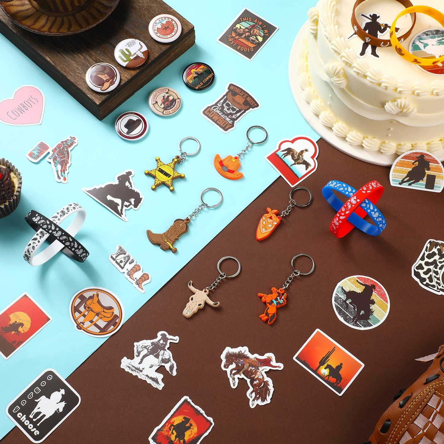 Sureio 86 Pcs Western Cowboy Party Favors Include 12 Cowboy Keychain 12 Western Cowboy Silicone Bracelets 12 Button Pins 50 Wate