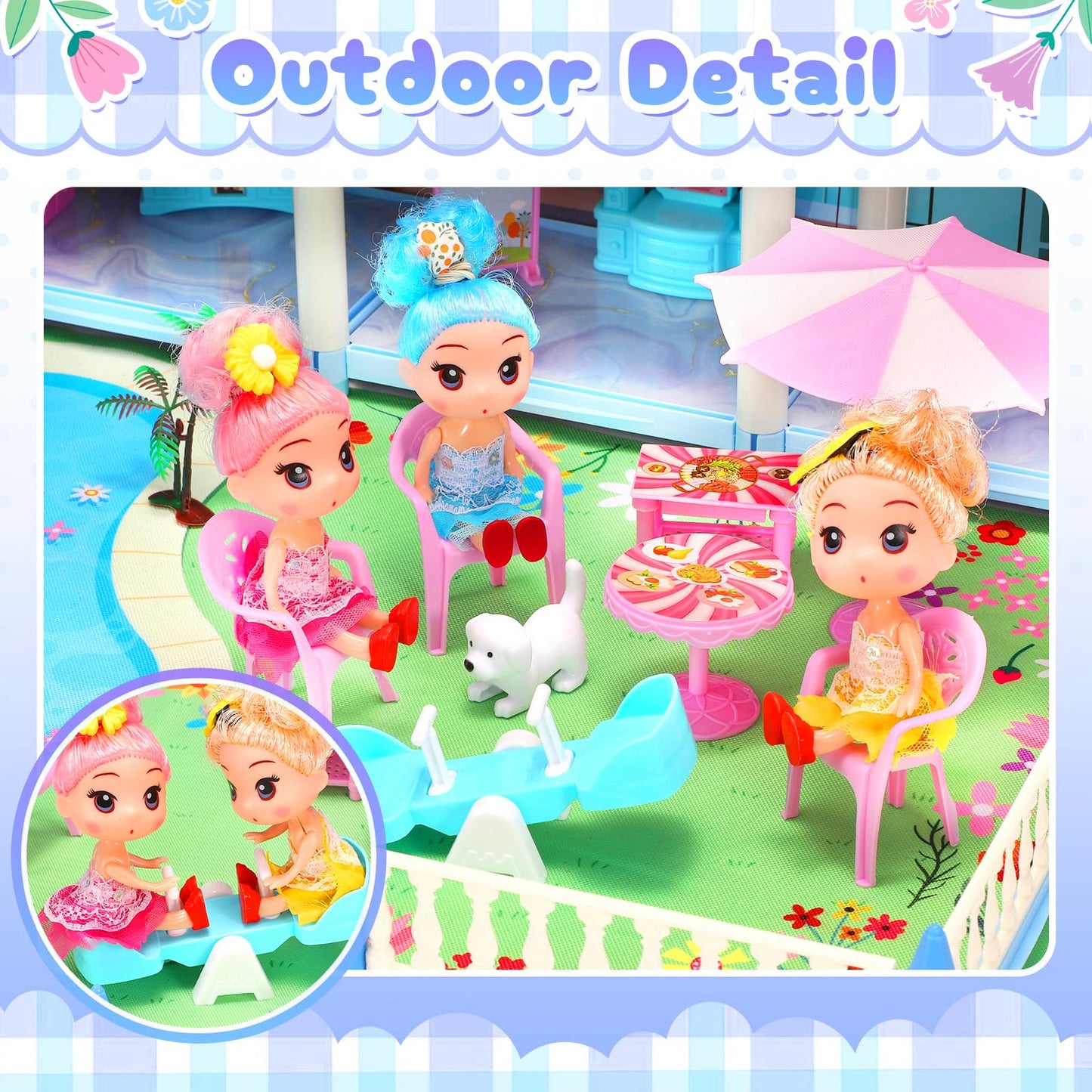 Amidear Dollhouse With 4-Story 11 Rooms, Dream Gift Princess Doll House Playset With Furniture, Blue Toddler House With Pool Sli