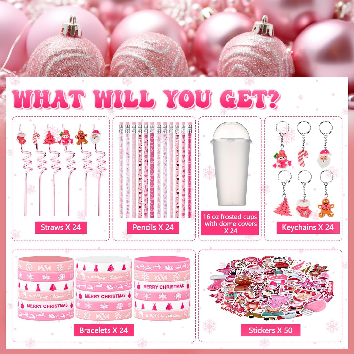 Seenelling 24 Set Pink Christmas Stationery Party Favors for Students Xmas Gift Cups Filler with Keychain Pencil Straw Silicone