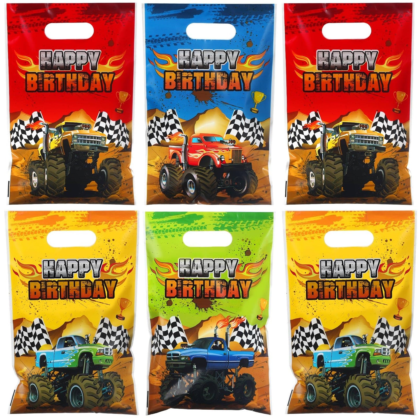 Pajean 48 Pieces Monster Truck Gift Bags Bulk Plastic Happy Birthday Truck Party Bag Racing Truck Treat Goodie Bags for Kids Mon