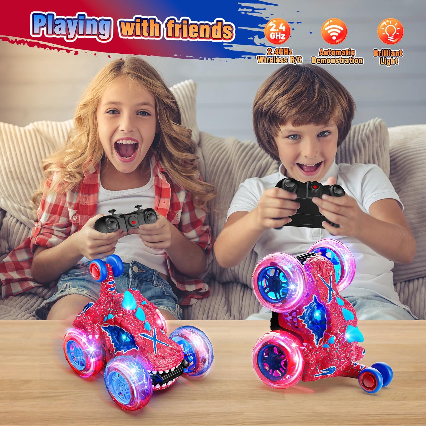 Carsky Remote Control Car RC Cars for Boy 360?Stunt Rotation 4WD Remote Cars for Kids 3-6 Double Sided Dinosaur Toy with Lights,