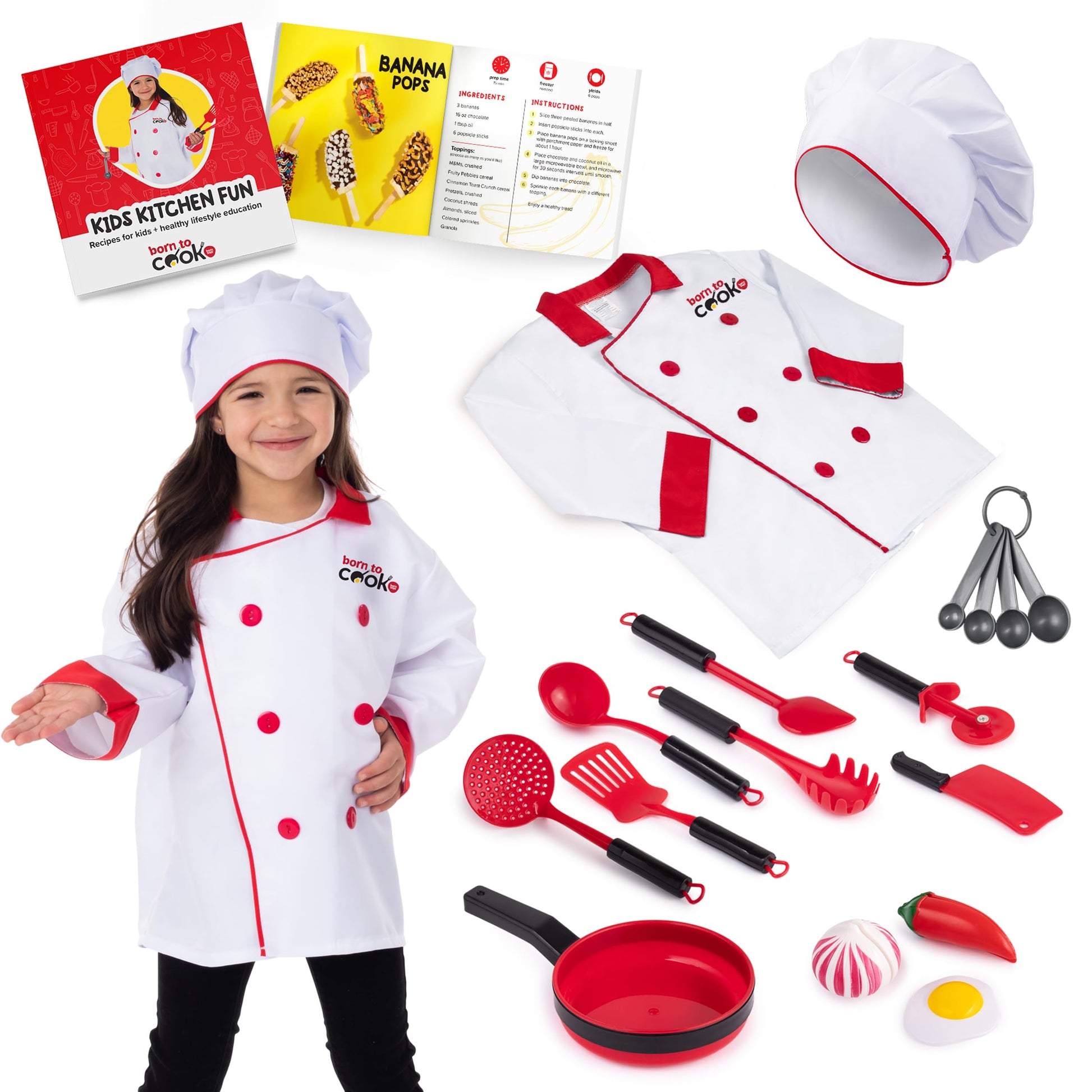 Born Toys Chef Costume For Kids W/ Kids Chef Hat Includes Kids Kitchen Accessories Set Fun Recipe Book - Cooking Set For Kids Co