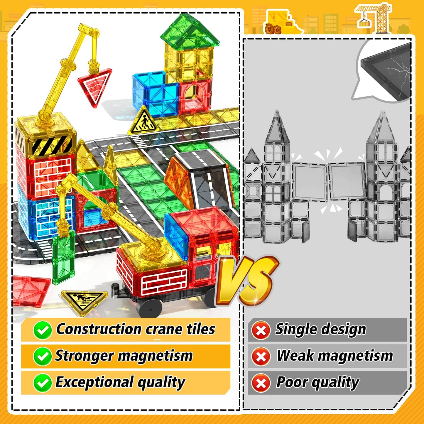 Magnetic Tiles Road Building Blocks - Magnet Crane Car Set For Kids Ages 3-5 4-8 5-7 Preschool City Construction Kids Games Dino