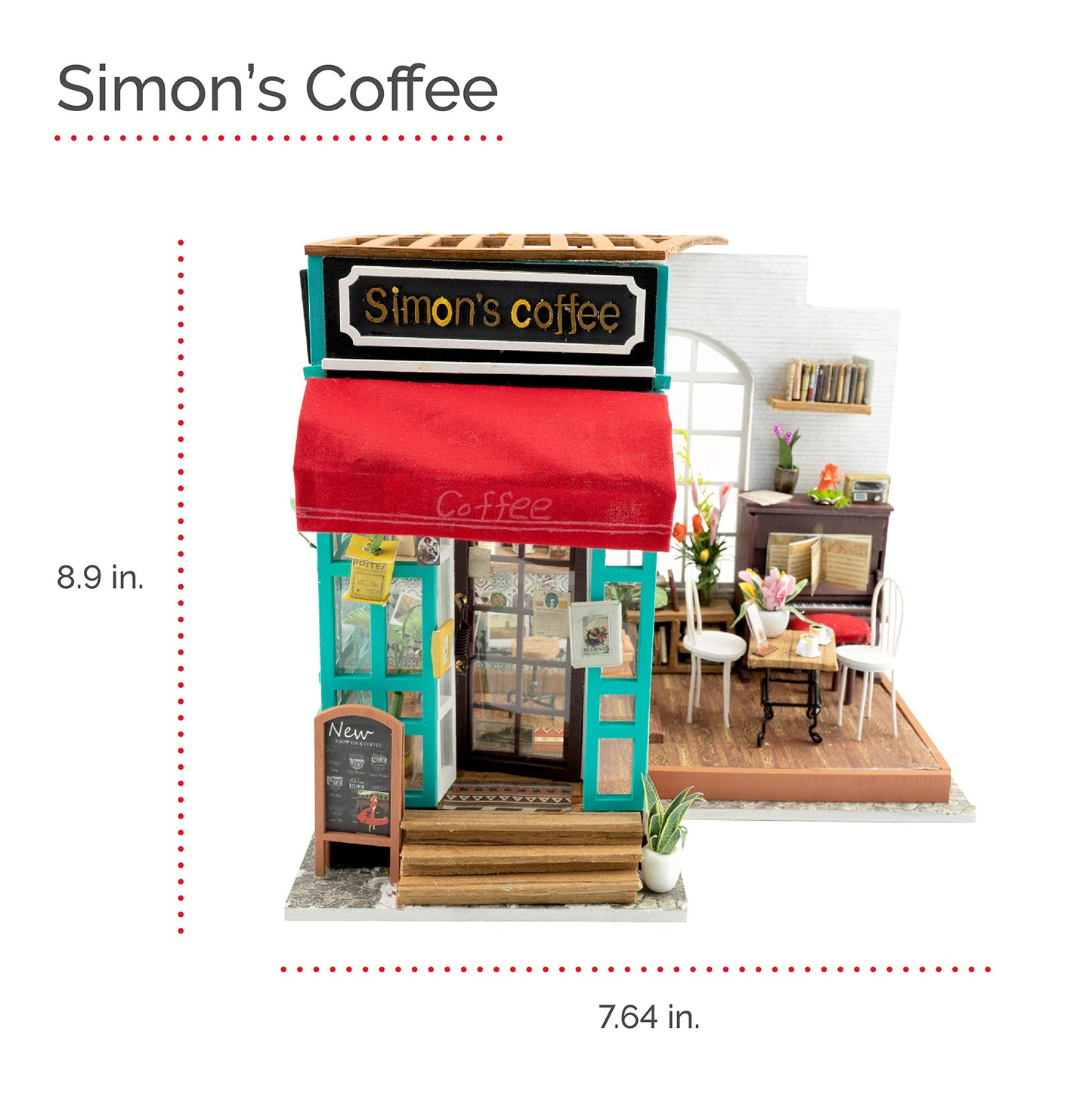 Hands Craft DIY Miniature Dollhouse Kit - Simon's Coffee 3D Model Tiny House Building with LED Lights Wood Prefabricated Pieces