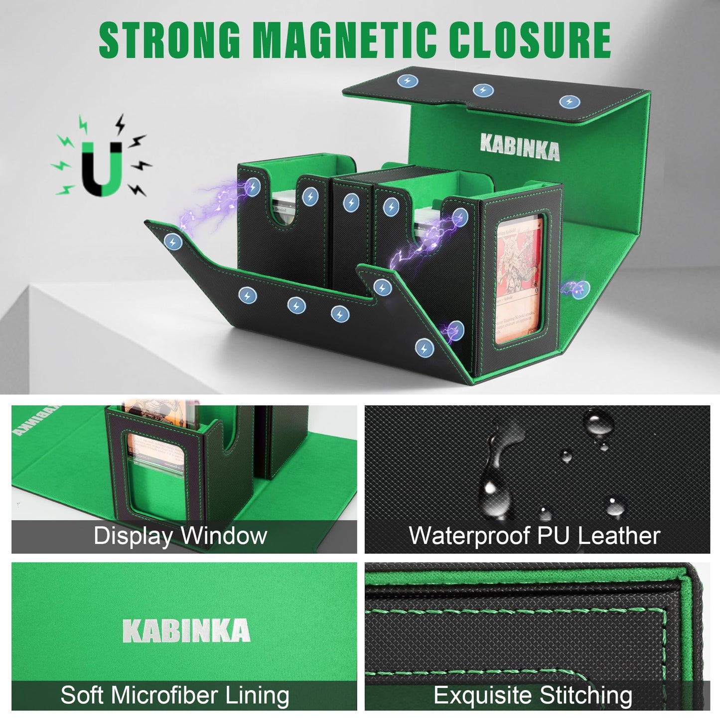 Kabinka Deck Box for MTG with Commander Display  3 in 1 Trading Card Storage Box Fit 200 Double-sleeved Cards  Removable Deck Case for TCG/Sports Cards with 2 Magnetic Card Holders (Black Green)