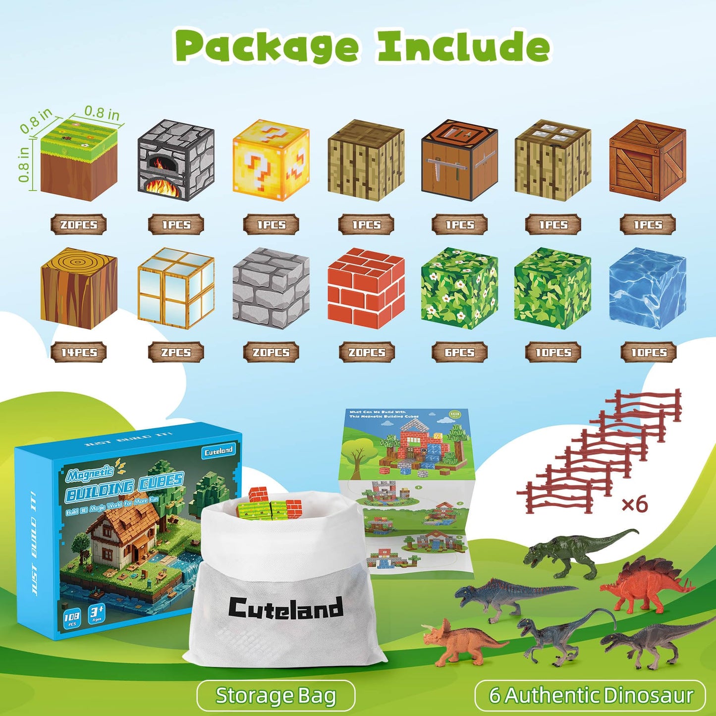 Magnetic Blocks 108Pcs Magnetic Building Blocks For Boys 6-8 With 6 Dinosaur Toys, Magnetic Building Blocks Toddler Toys For 6+