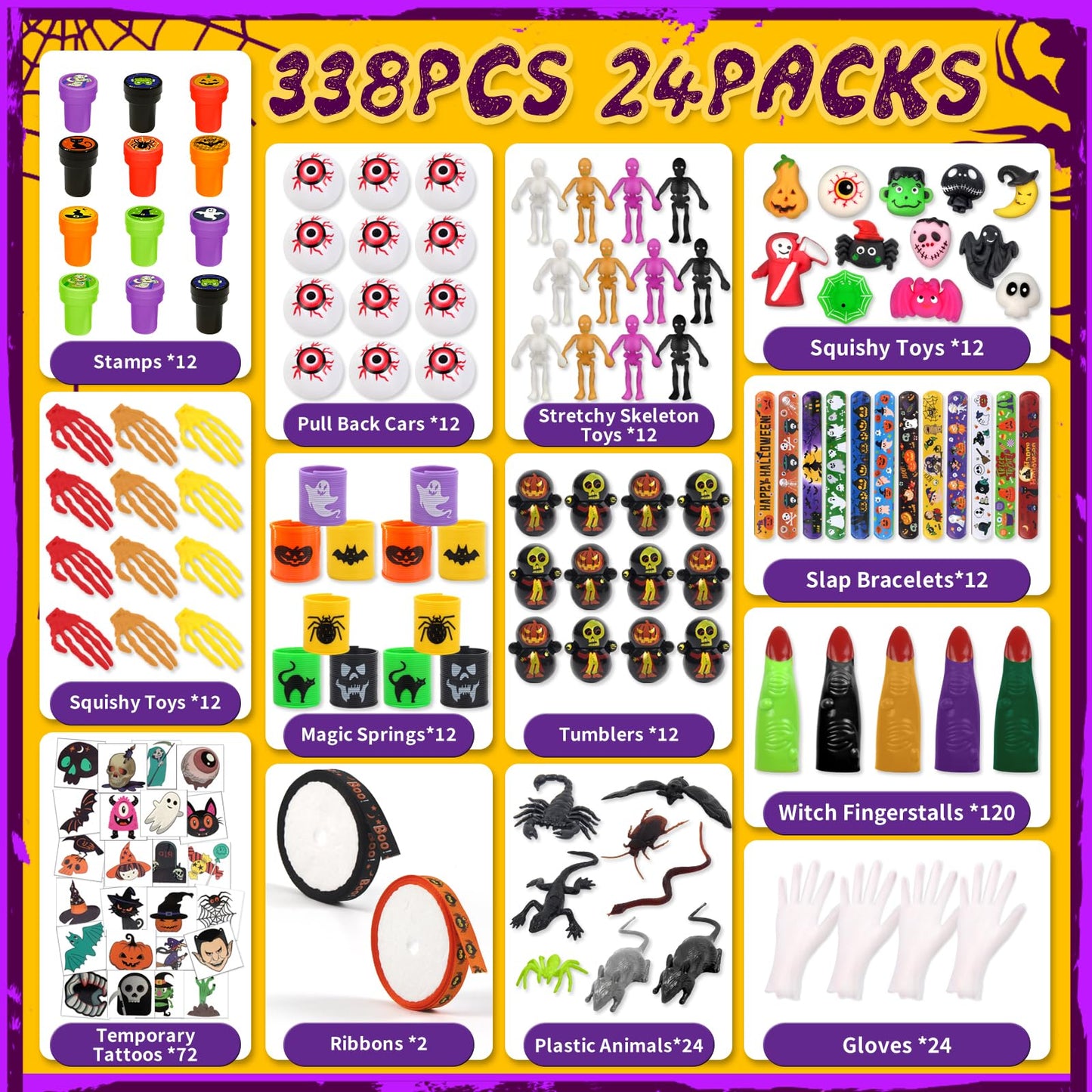 WESAYEE 338 PCS Halloween Party Favors for Kids - 24 Pack Halloween Goodie Bags Stuffer With Glove Treat Bags Fillers, Small Gif