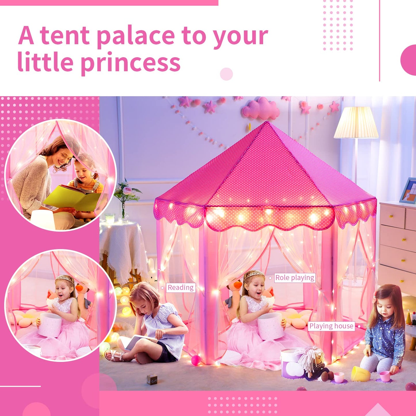 Sumbababy Princess Castle Tent for Girls - Hexagon Playhouse, Pink, with Fairy Star Lights, Indoor/Outdoor Games