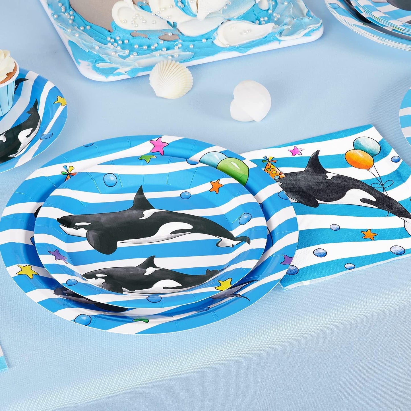 WERNNSAI Orca Party Plates and Napkins - 48 PCS Orca Birthday Party Supplies for Kids Blue Ocean Under the Sea Party Decorations