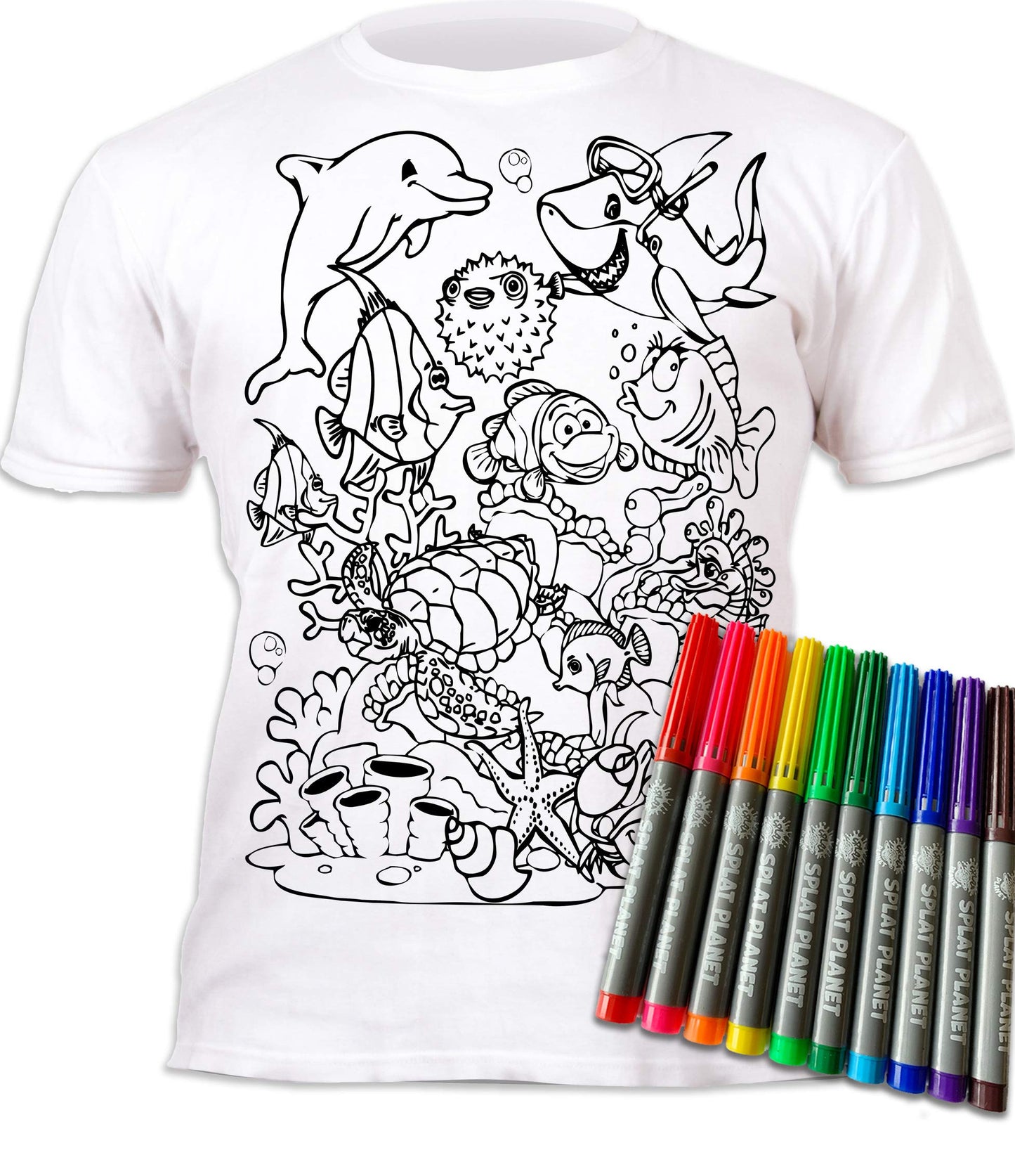 Splat Planet Color-in Sea Life T-Shirt with 6 Non-Toxic Washable Magic Pens - Color-in and Wash Out T-Shirt (7-8 Years) White