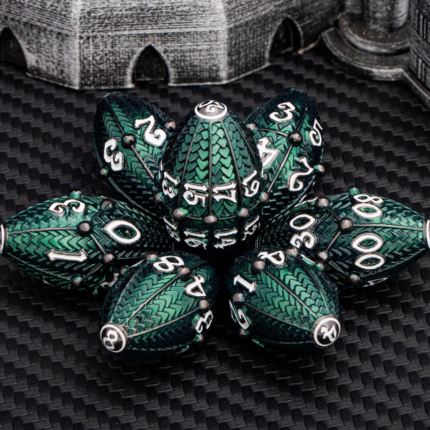 Aruohha Dnd Metal Dice Black Green Dragon Egg Dice With Metal Box, Role Playing Game Rpg Polyhedral D And D Dice Set D20 D12 D10
