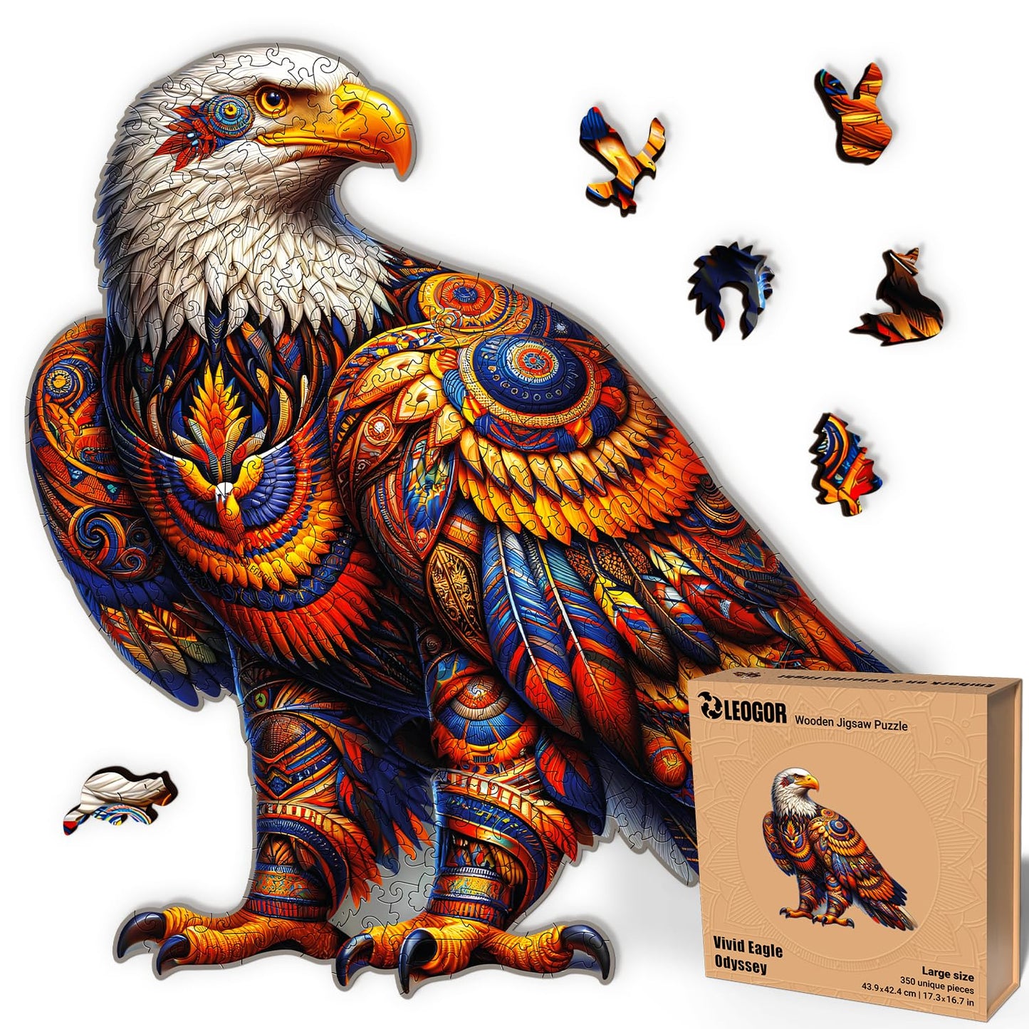 Vivid Eagle Odyssey - 350 Piece Wooden Puzzles for mature-themeds - 17.3 x 16.7 in - Extra-Thick 5 mm Wood Puzzle  Hand-Shaped Pieces  Iconic Bird Mosaic Design - enhanced Gift for Puzzle Lovers by LEOGOR