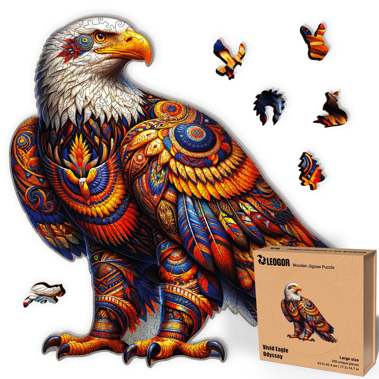 Vivid Eagle Odyssey - 350 Piece Wooden Puzzles for mature-themeds - 17.3 x 16.7 in - Extra-Thick 5 mm Wood Puzzle  Hand-Shaped Pieces  Iconic Bird Mosaic Design - enhanced Gift for Puzzle Lovers by LEOGOR