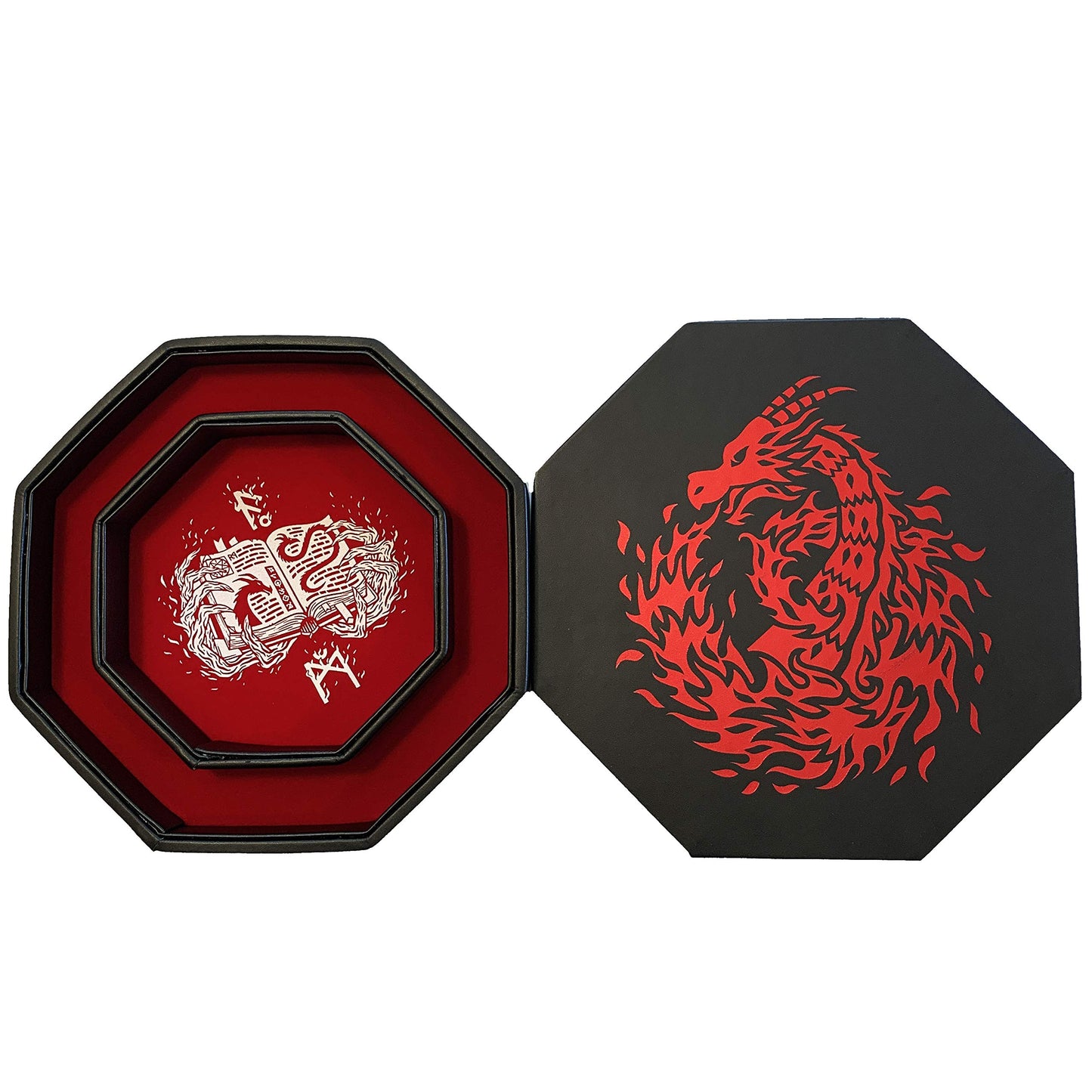 Fantasydice RED Fire Dragon with Wizard Book Print Dice Tray 8'' Octagon with Lid and Dice Staging Area- Holds 5 Sets(7 Dice Set