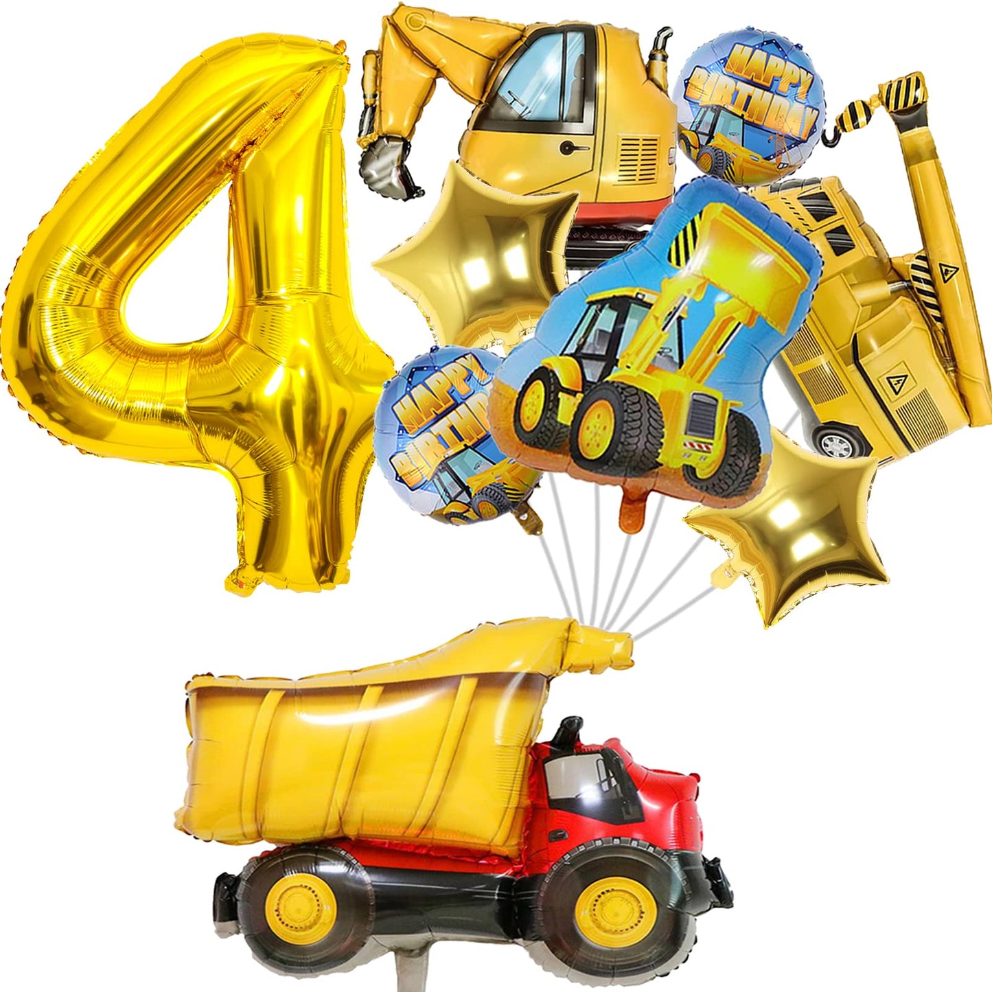 Construction Balloons 4Th Birthday, 9Pcs 40 Inch Gold Number 4 Balloons With Large Excavator Dump Truck Crane Bulldozer Foil Myl