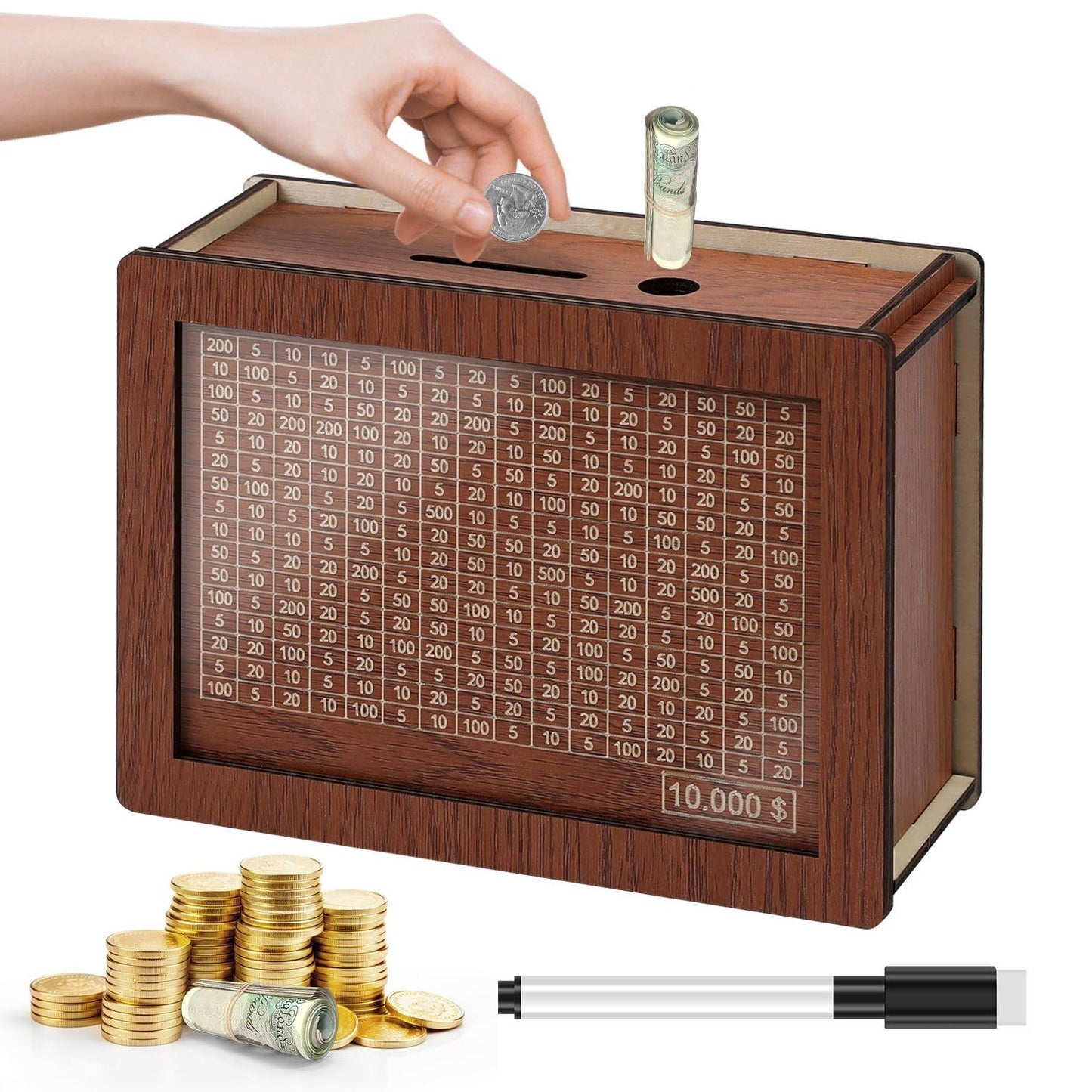 10000 Savings Challenge Box, Kakeibo Money Box For Cash Saving, Wooden Piggy Bank For Adults, Money Saving Box 10,000 Dollar, No