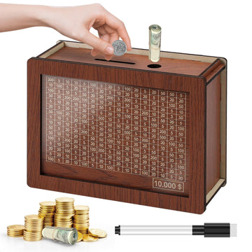 10000 Savings Challenge Box, Kakeibo Money Box For Cash Saving, Wooden Piggy Bank For Adults, Money Saving Box 10,000 Dollar, No