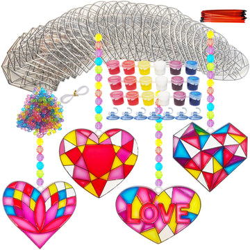 Ayhuhra 28 Sets Valentines Day Suncatcher Craft Kit DIY Window Paint Art Suncatchers Craft Kits Heart Sun Catchers for Valentin
