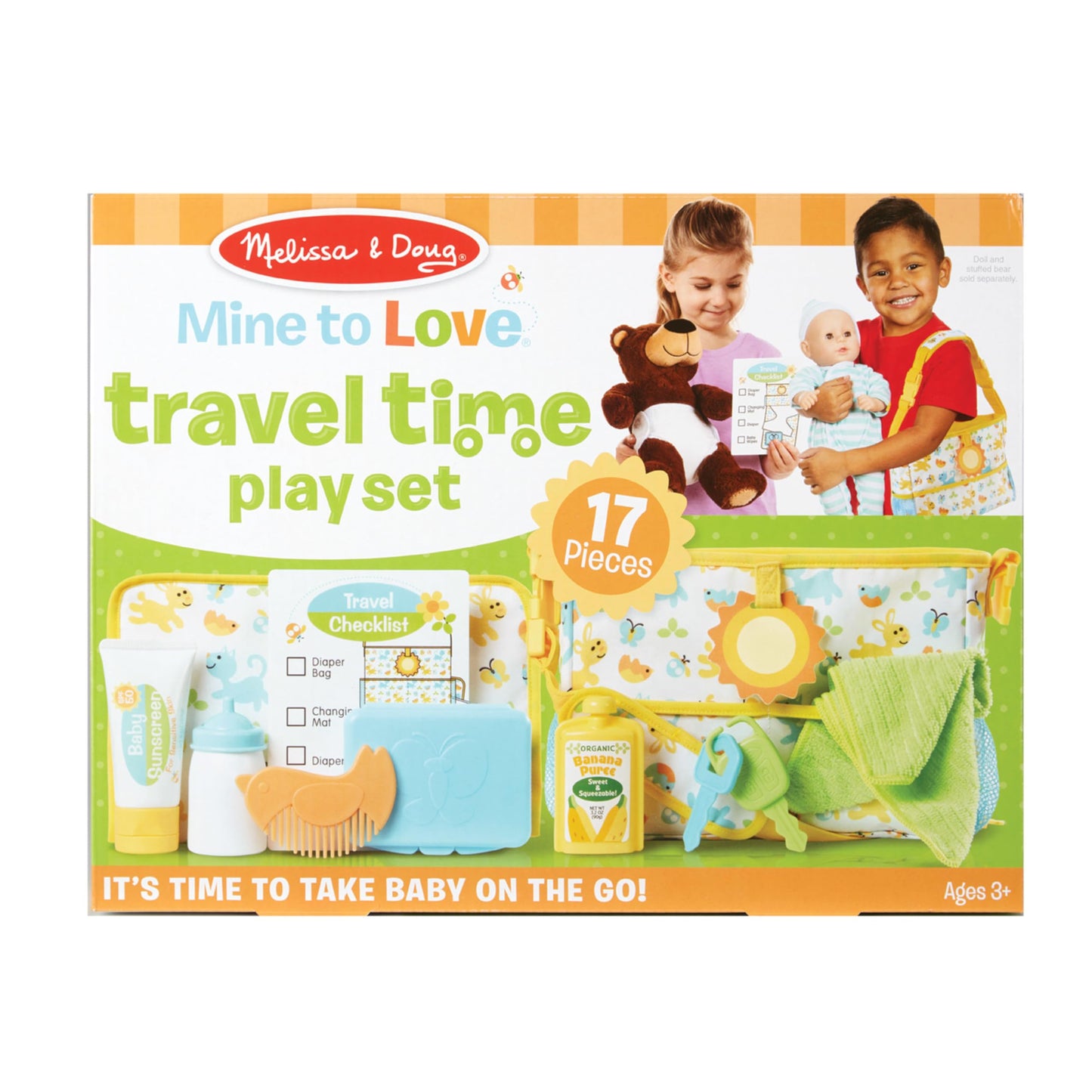 Melissa & Doug Mine To Love Travel Time Play Set For Dolls With Diaper Bag, Bottle, Sunscreen, More (17 Pcs) - Baby Doll Accesso
