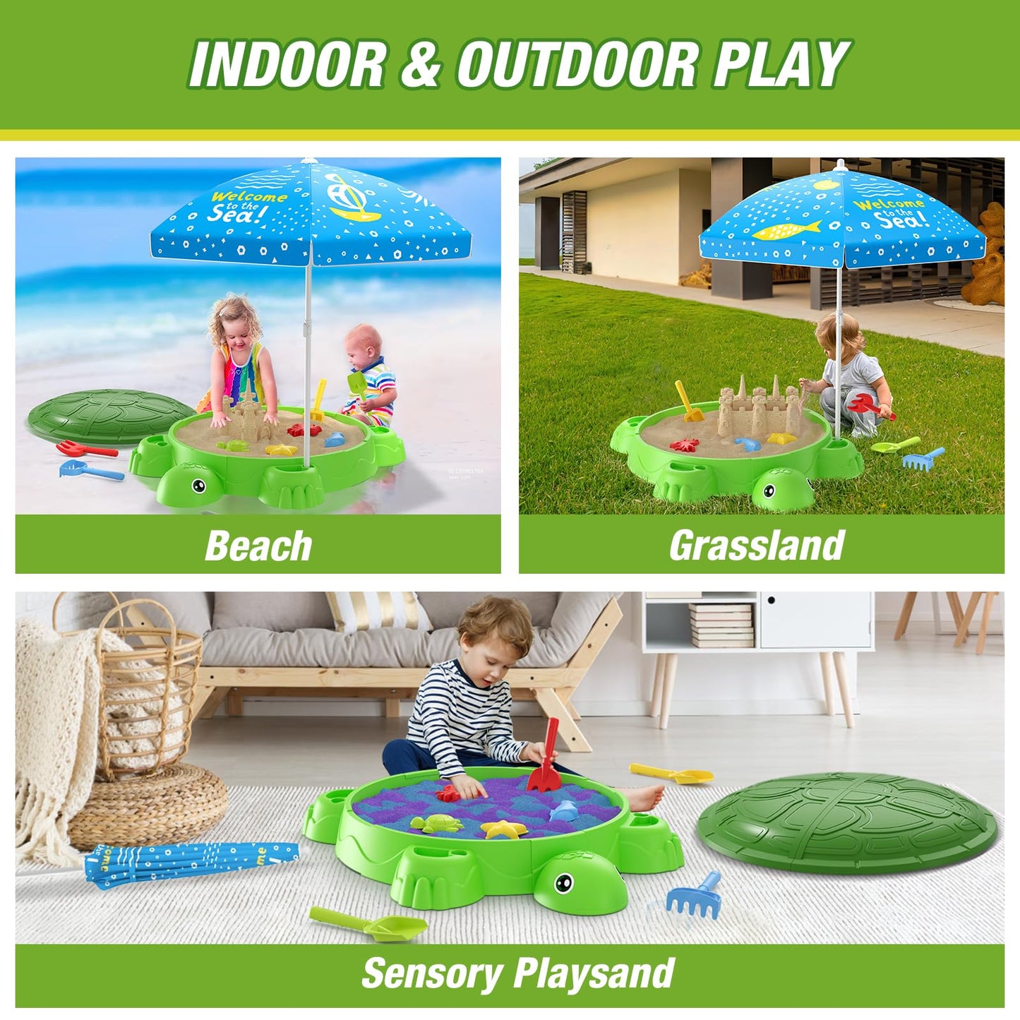 Wee Wonders Turtle Sandbox With Lid & Adjustable Umbrella, Sand Box With Cover Incl 8 Beach Toys, Kids Sand Activity Suit For Se