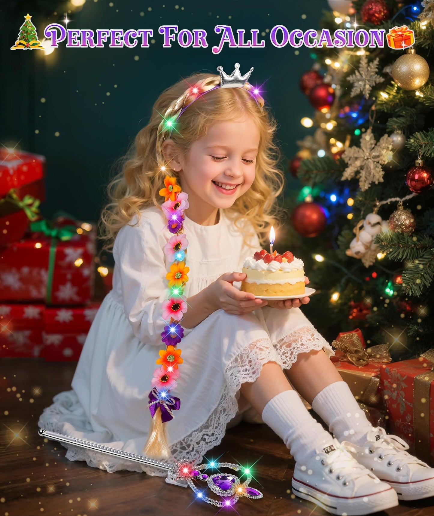 DUDUCOFU Princess Accessories with LED Lights for Little Girls, Glowing Braided Wig with Tiara Wand Toys for Girls Gift 3 4 5 6