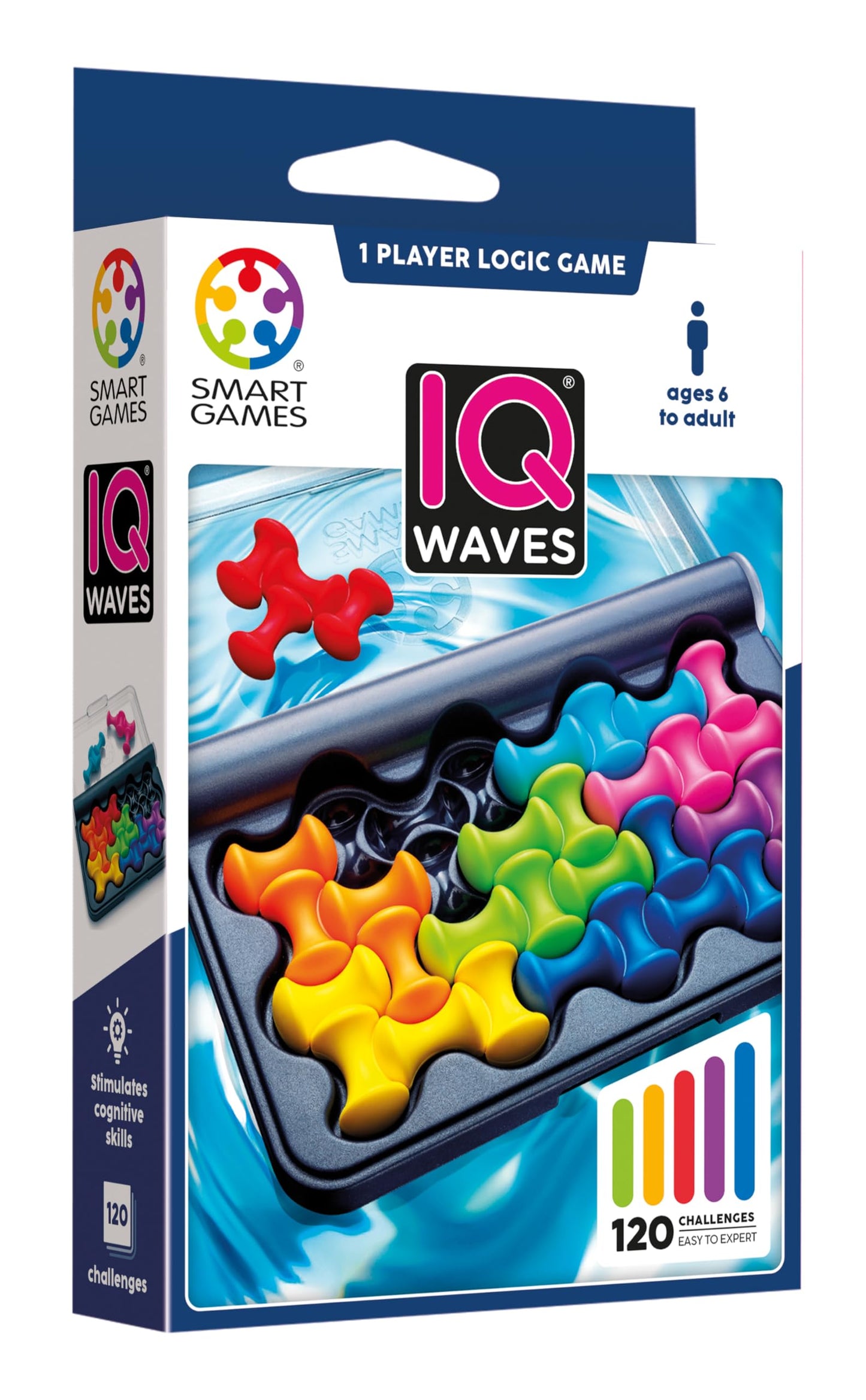 SmartGames IQ Waves | Boost Logic and Problem Solving Skills | 120 Challenges from Easy to Expert | Great for Ages 6 - mature-themed | A Fun Travel Game in a Portable Case | Unique Soft Touch Game Pieces