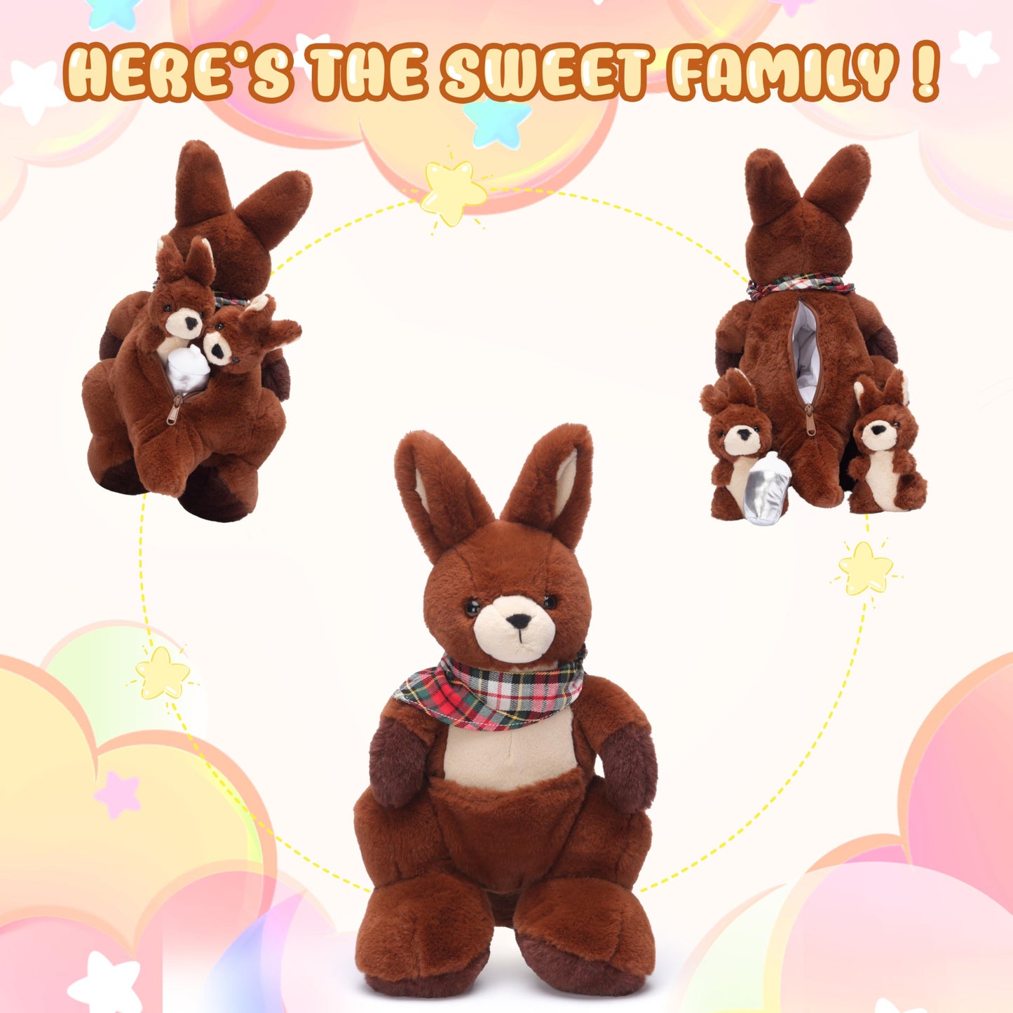 Ikasa Mommy Kangaroo Stuffed Animal Mom And Baby Plush Toy, Cute 15.5'' Soft Cuddly Family Set With Little Mini Babies,Gifts For