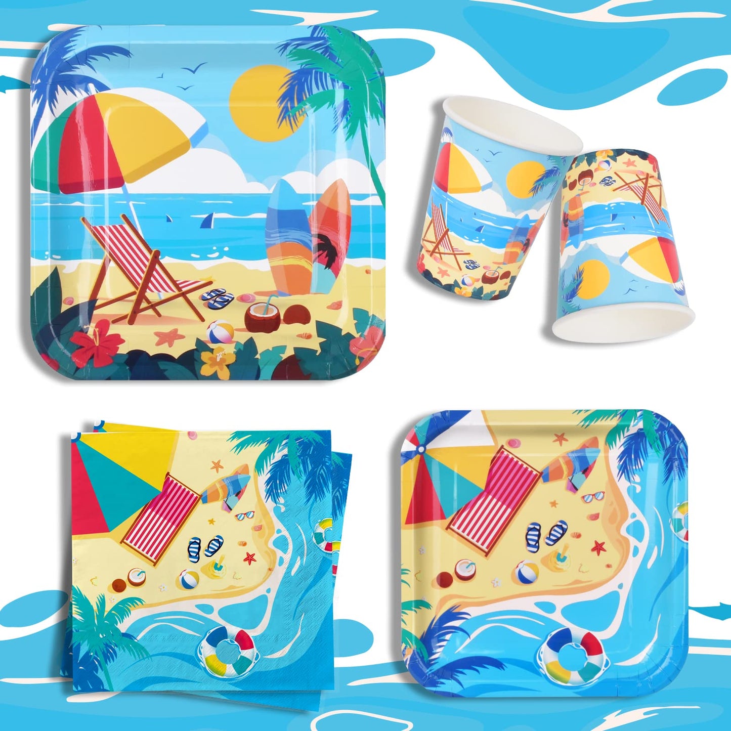Beach Theme Party Supplies, Summer Pool Pack Includes: Paper Dinner Plates, Dessert Plates, Luncheon Napkins, Cups And Tableclot