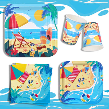 Beach Theme Party Supplies, Summer Pool Pack Includes: Paper Dinner Plates, Dessert Plates, Luncheon Napkins, Cups And Tableclot