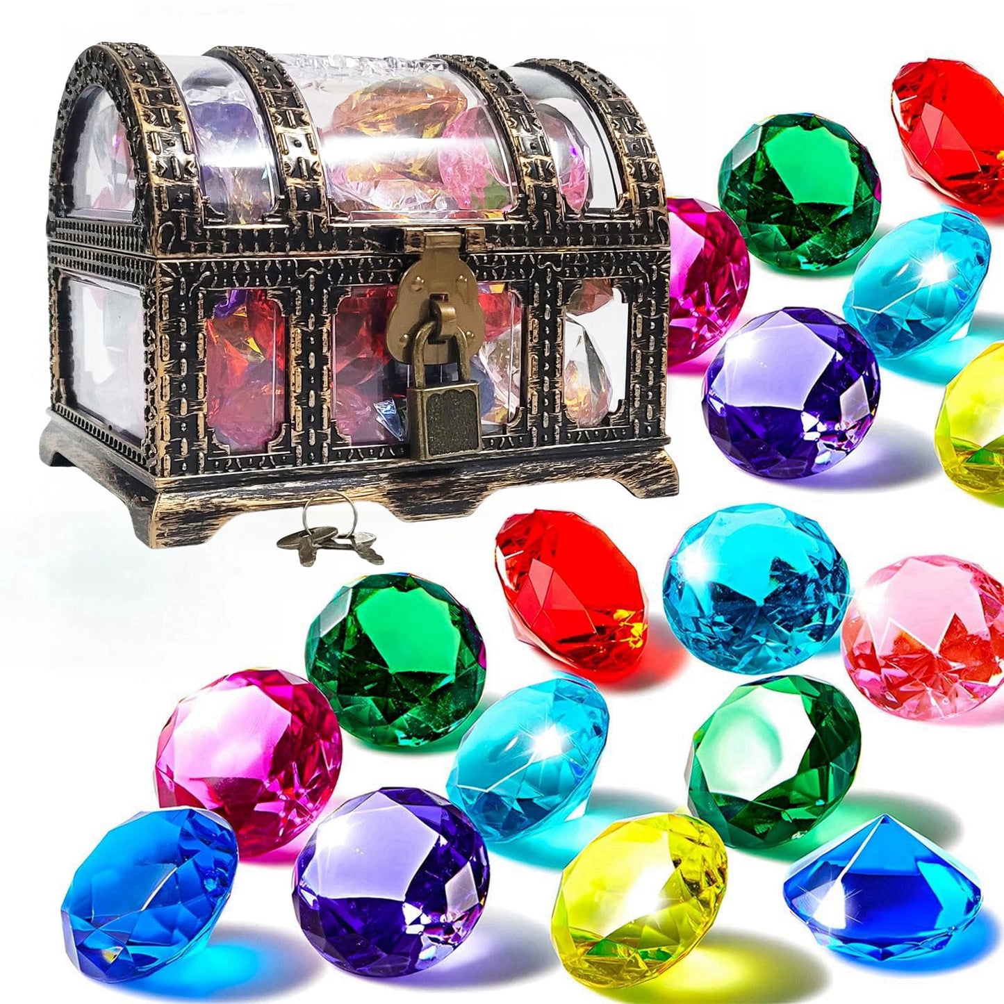 20Pcs Diving Gems Pool Toys - Colorful Diamond Treasure With Pirate Chest, Underwater Swim Training Gift For Kids, Summer Water