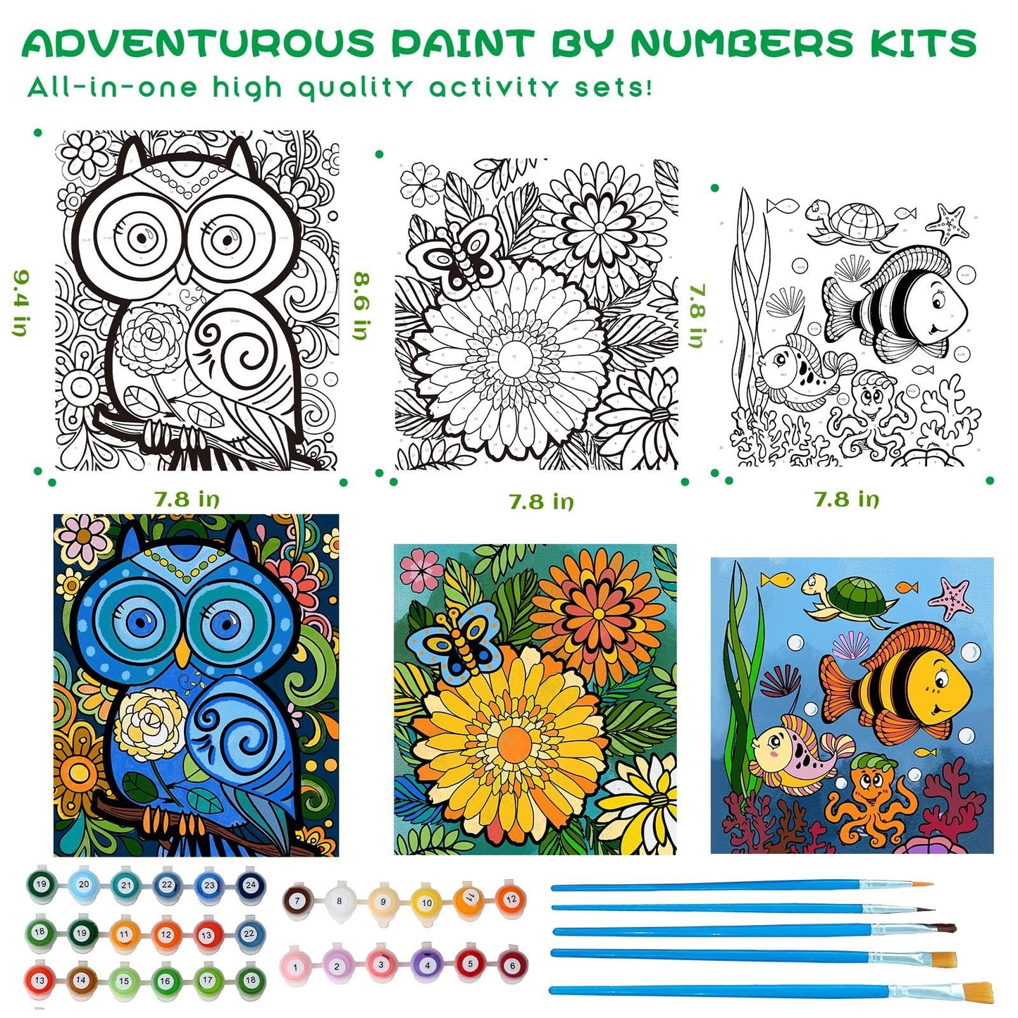 3 Pack Paint By Numbers For Kids Ages 8-12, Pre-Printed Acrylic Oil Painting, Includes (8X10, 8X9, 8X8 Inch) Framed Canvas With