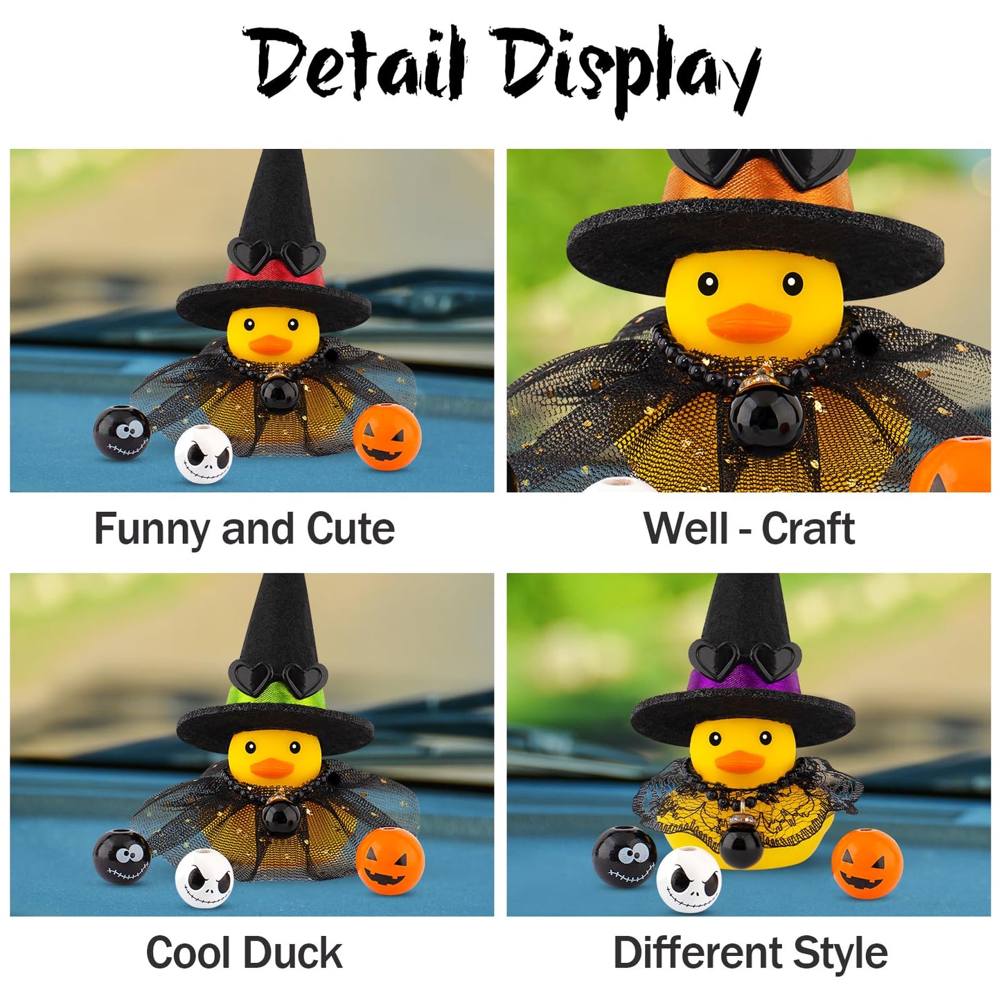 Wonuu Halloween Rubber Duck Witch Duck Car Decorations Halloween Accessories Witch Hat Pumpkin Skull And Cloak, Orange&Long Black Skirt