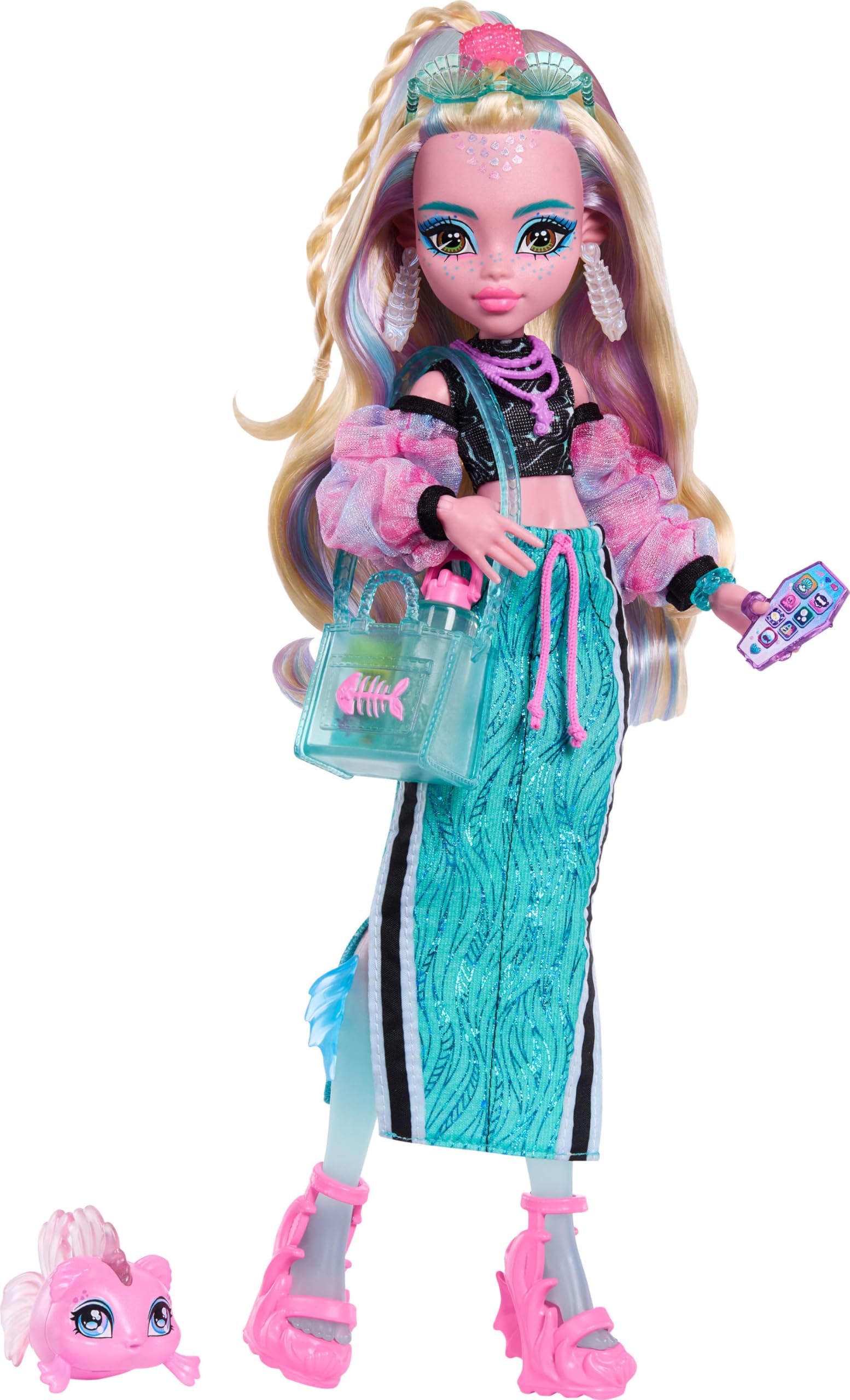 Monster High Doll, Lagoona Blue in Crop Top and Sporty Maxi Skirt with Pet Fish Neptuna and 7 Accessories Like Shell Sunglasses,