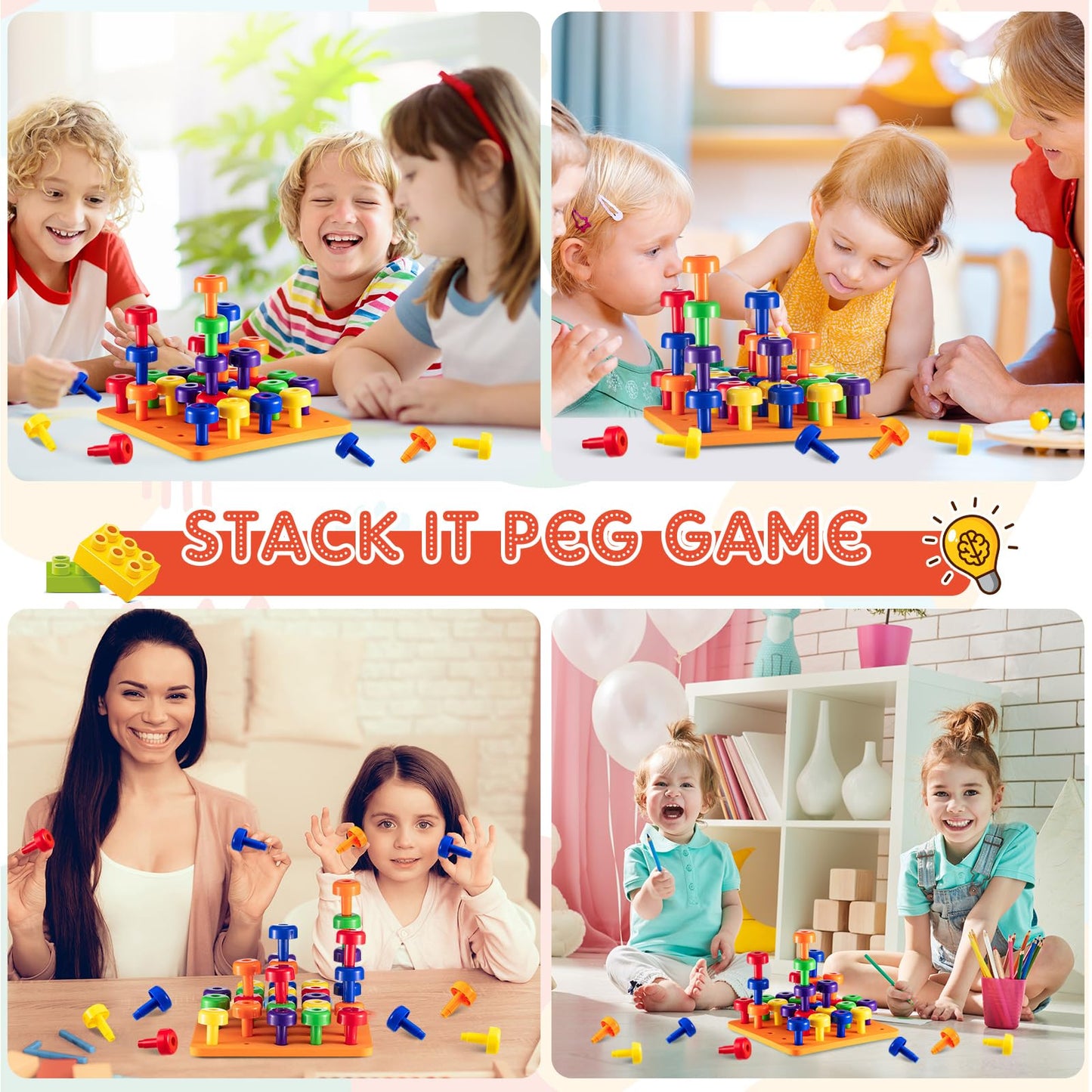 Shappy Toddler Peg Board 120 Pcs Pegs with 4 Foam Board 4 Sets Montessori Colorful Stackable Peg Board Toys Learning Educational Toys for Color Recognition Counting Skills with Lacing String and Bag